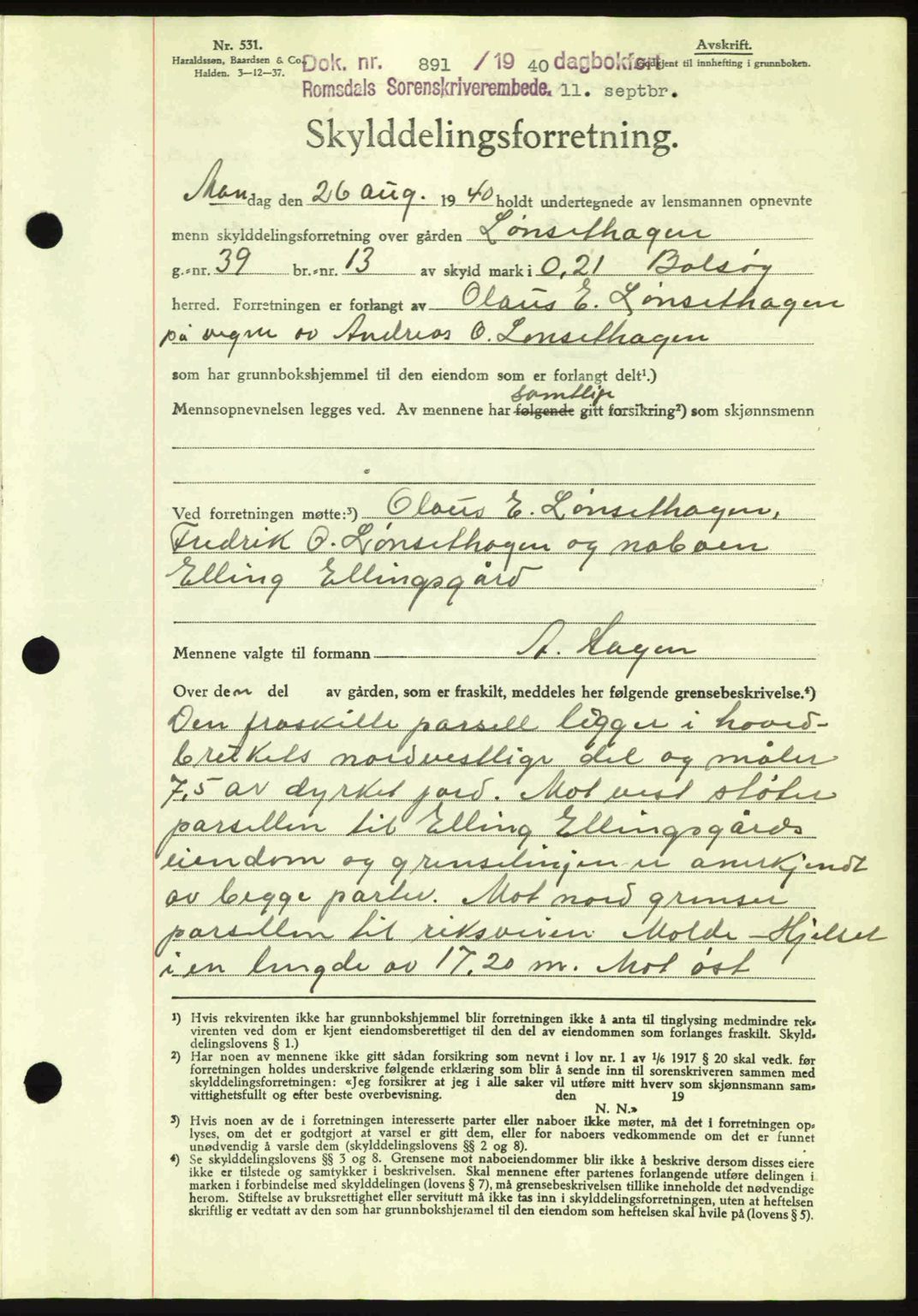 Romsdal sorenskriveri, AV/SAT-A-4149/1/2/2C: Pantebok nr. A8, 1939-1940, Dagboknr: 891/1940