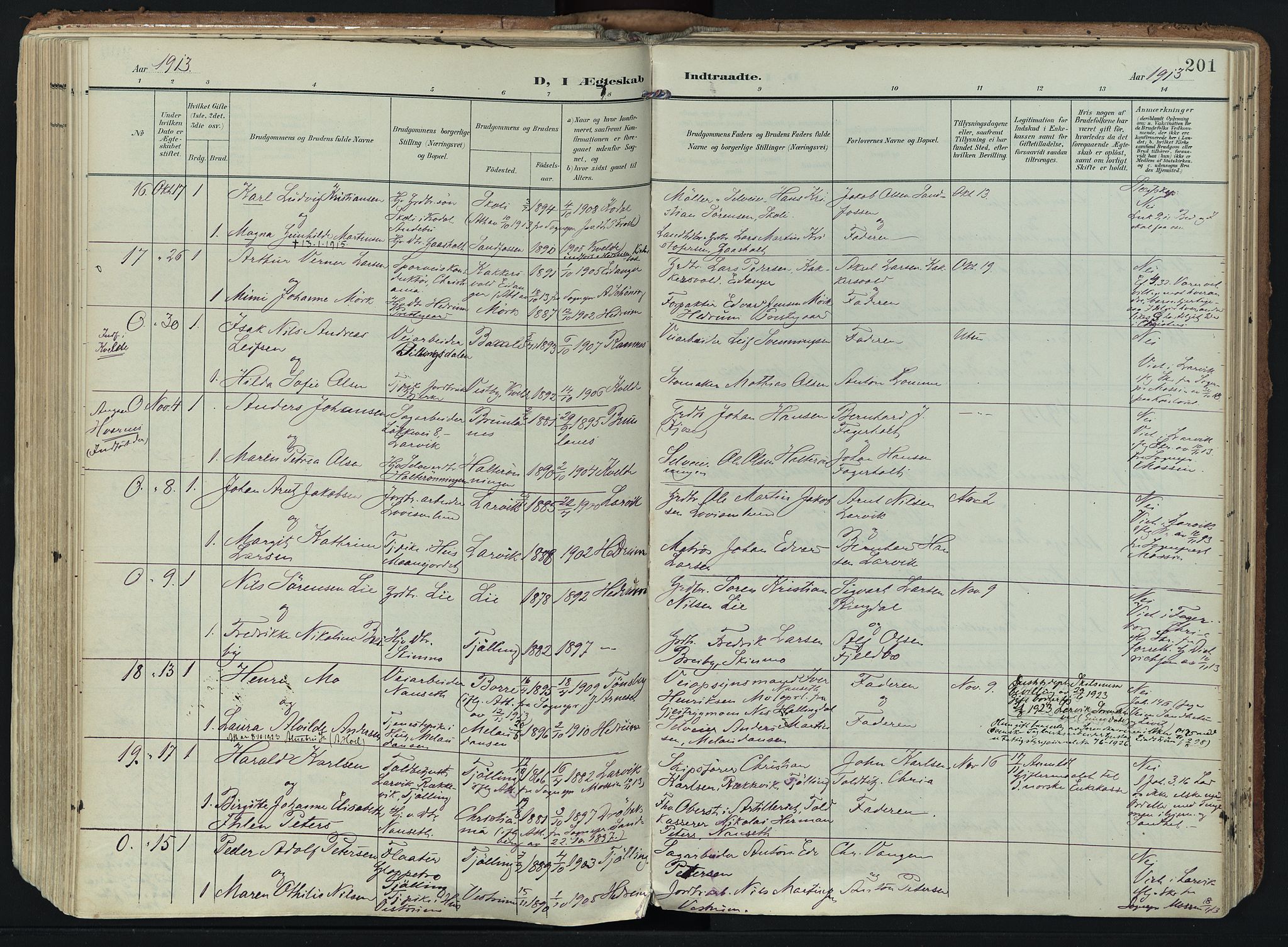Hedrum kirkebøker, AV/SAKO-A-344/F/Fa/L0010: Ministerialbok nr. I 10, 1904-1918, s. 201