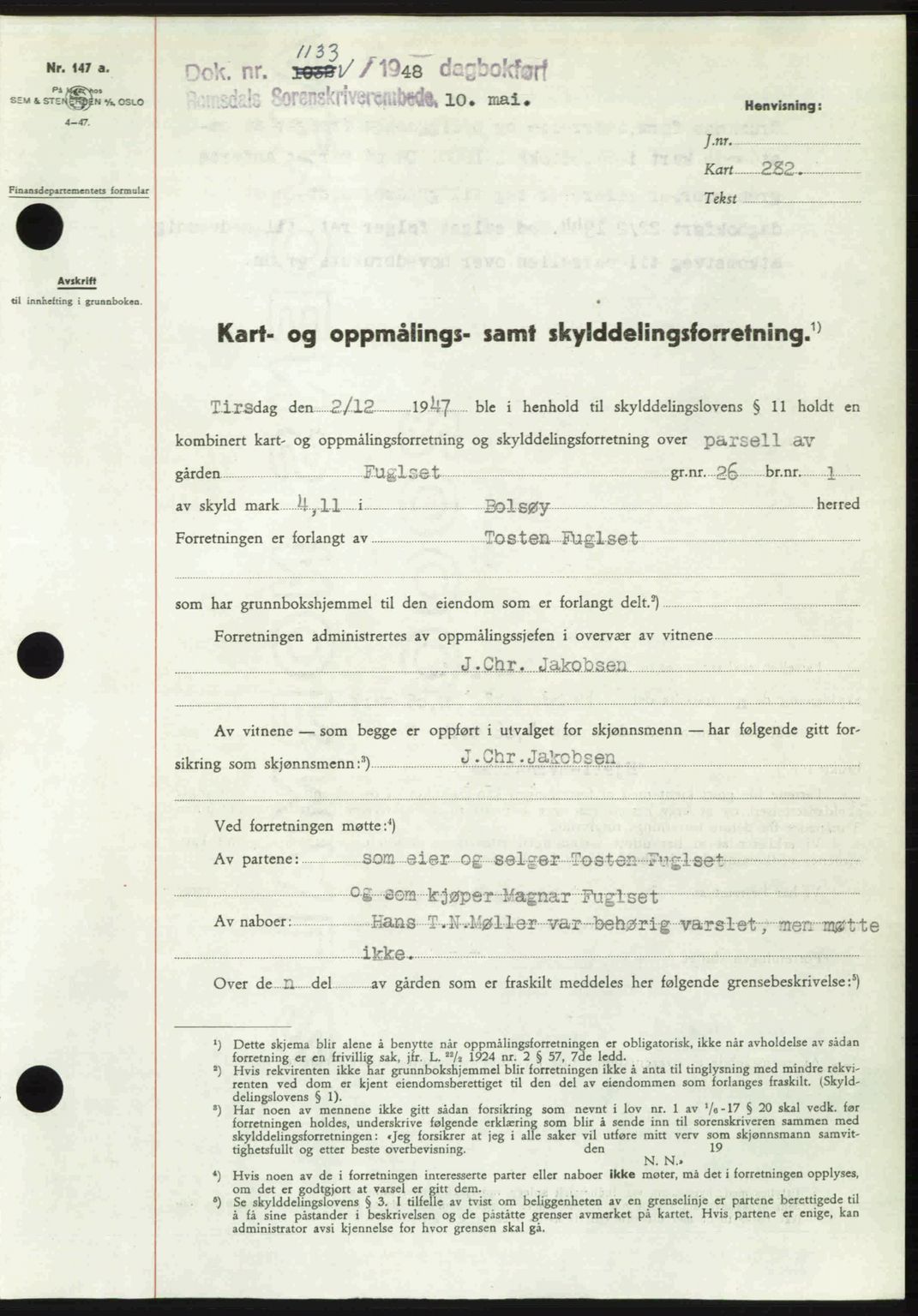 Romsdal sorenskriveri, AV/SAT-A-4149/1/2/2C: Pantebok nr. A26, 1948-1948, Dagboknr: 1133/1948