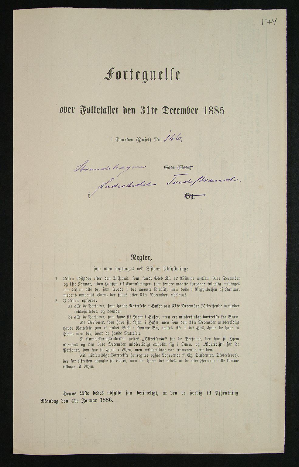 SAK, Folketelling 1885 for 0902 Tvedestrand ladested, 1885, s. 174