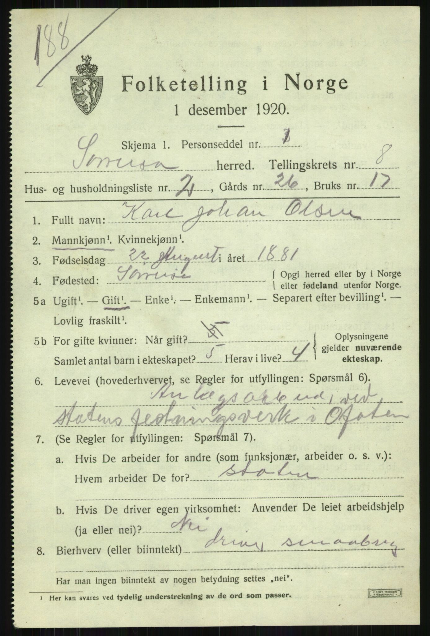 SATØ, Folketelling 1920 for 1925 Sørreisa herred, 1920, s. 3680