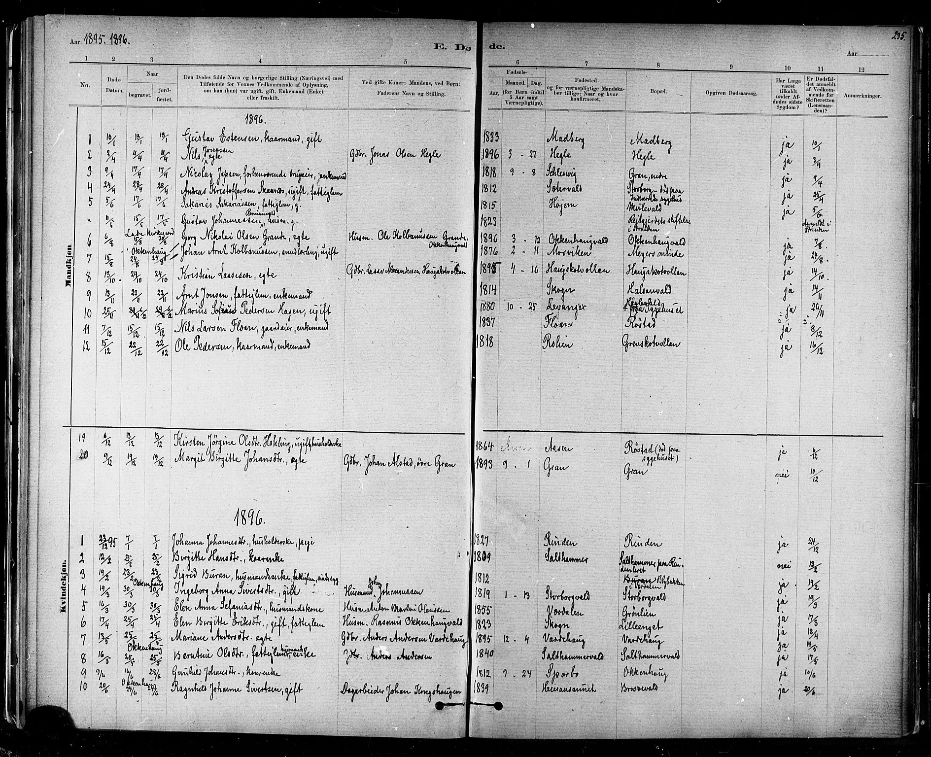 Ministerialprotokoller, klokkerbøker og fødselsregistre - Nord-Trøndelag, SAT/A-1458/721/L0208: Klokkerbok nr. 721C01, 1880-1917, s. 235