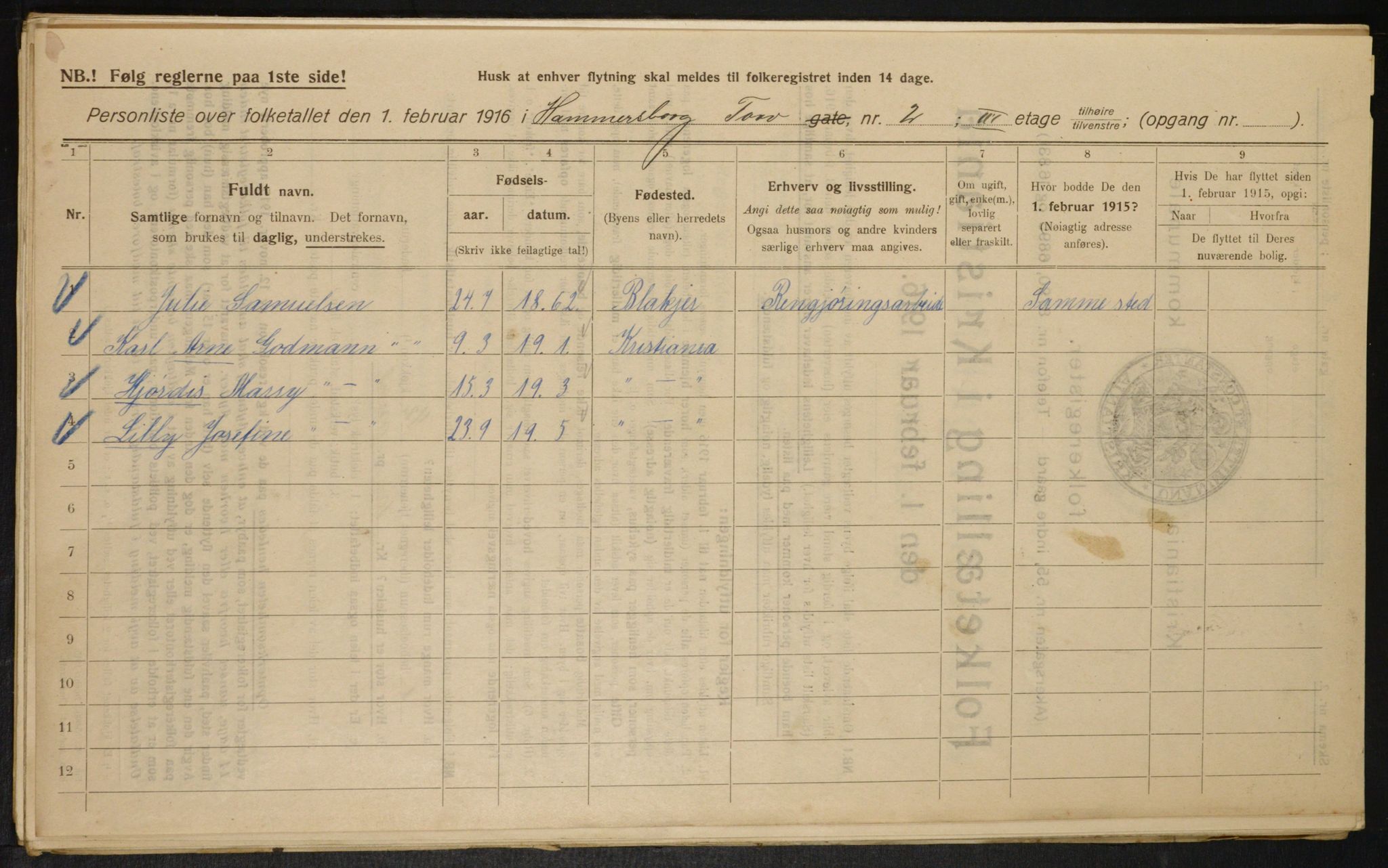 OBA, Kommunal folketelling 1.2.1916 for Kristiania, 1916, s. 35000