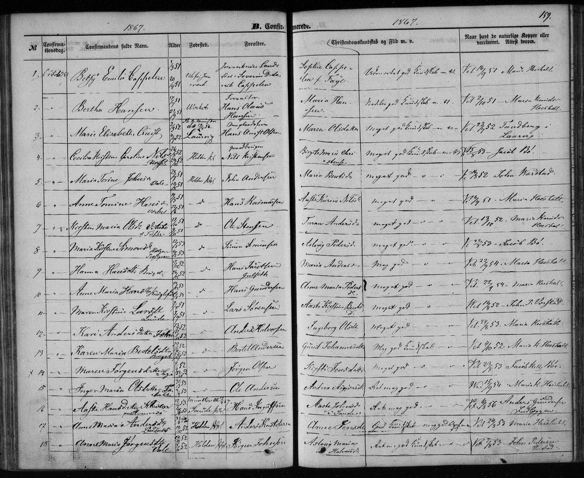 Holla kirkebøker, AV/SAKO-A-272/F/Fa/L0006: Ministerialbok nr. 6, 1861-1869, s. 159