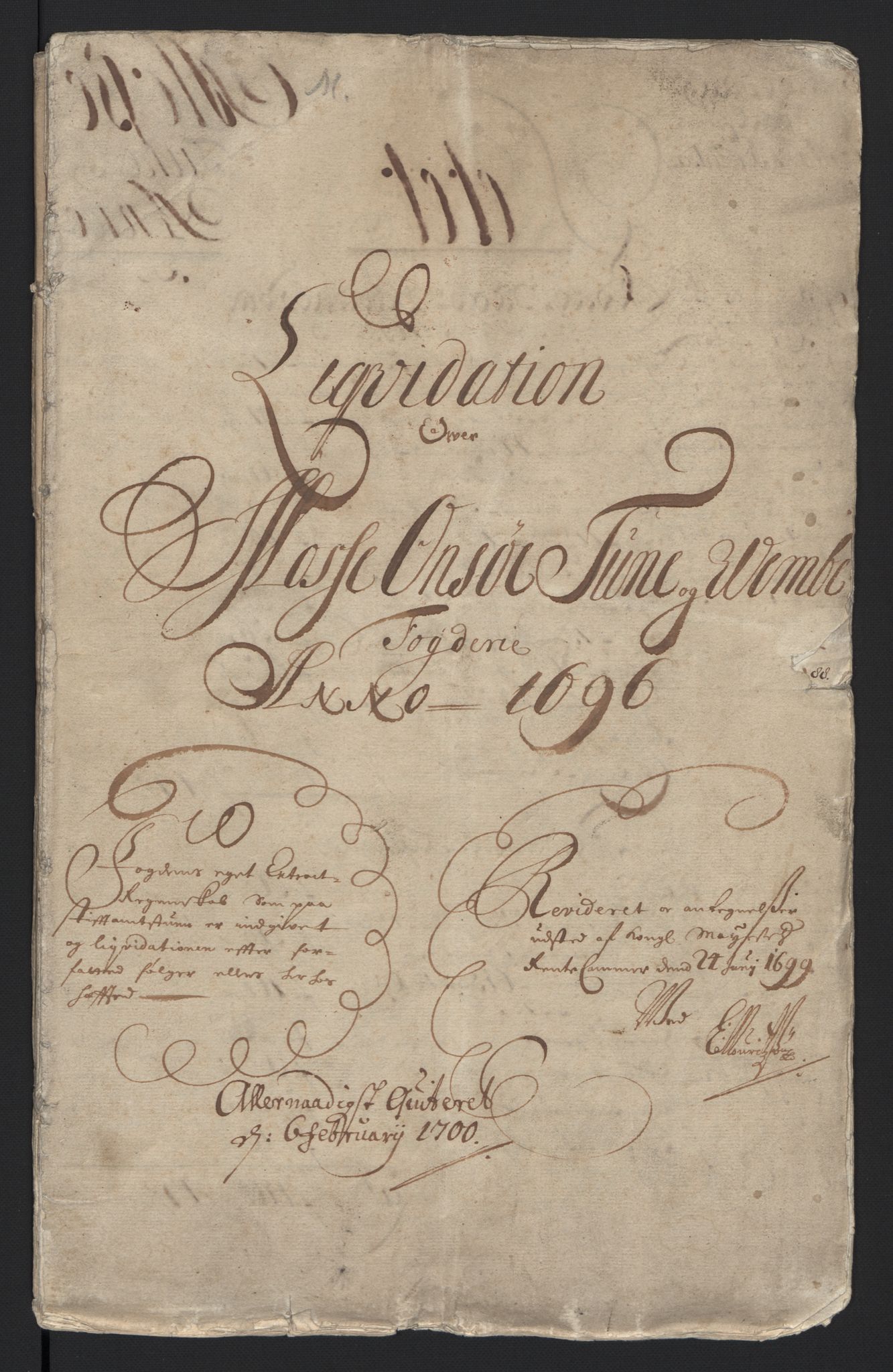 Rentekammeret inntil 1814, Reviderte regnskaper, Fogderegnskap, RA/EA-4092/R04/L0124: Fogderegnskap Moss, Onsøy, Tune, Veme og Åbygge, 1696, s. 3