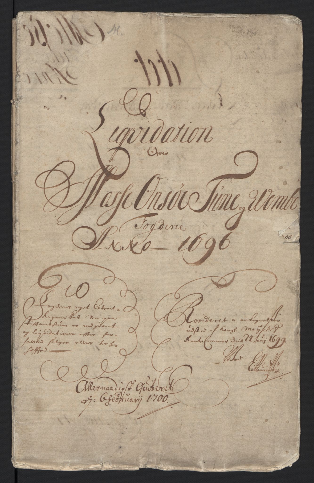 Rentekammeret inntil 1814, Reviderte regnskaper, Fogderegnskap, AV/RA-EA-4092/R04/L0124: Fogderegnskap Moss, Onsøy, Tune, Veme og Åbygge, 1696, s. 3