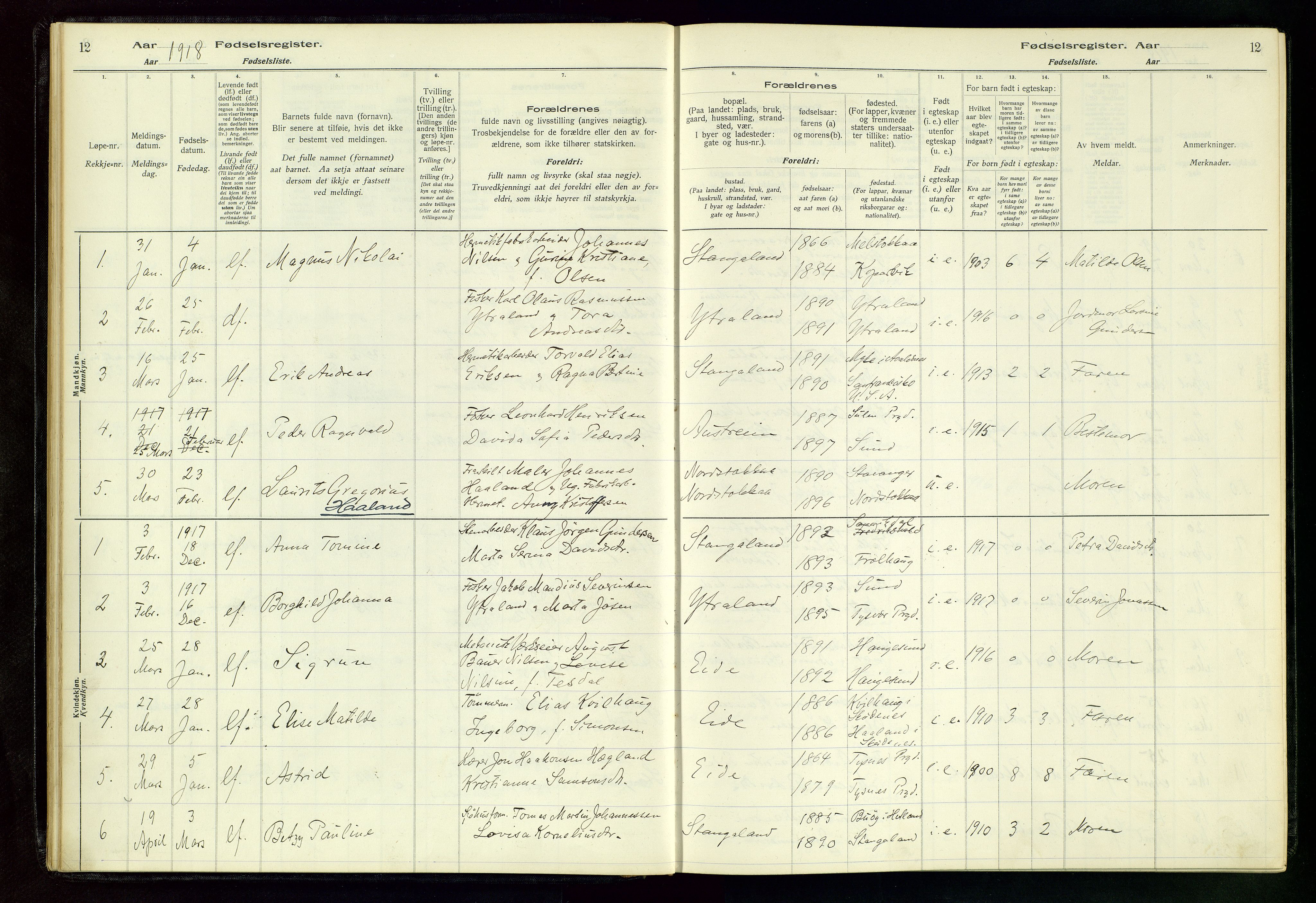 Kopervik sokneprestkontor, AV/SAST-A-101850/I/Id/L0004: Fødselsregister nr. 4, 1916-1958, s. 12