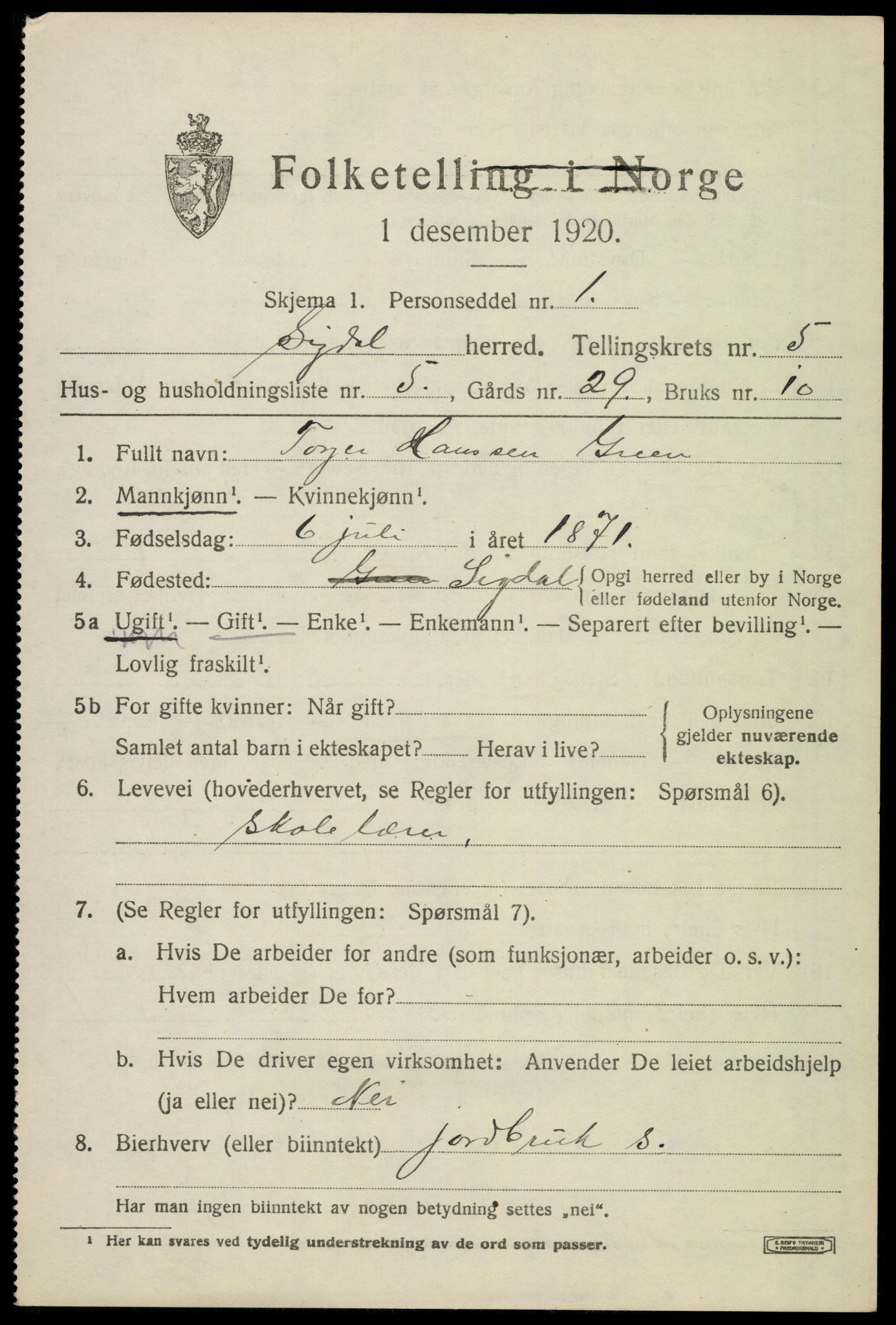 SAKO, Folketelling 1920 for 0621 Sigdal herred, 1920, s. 3834