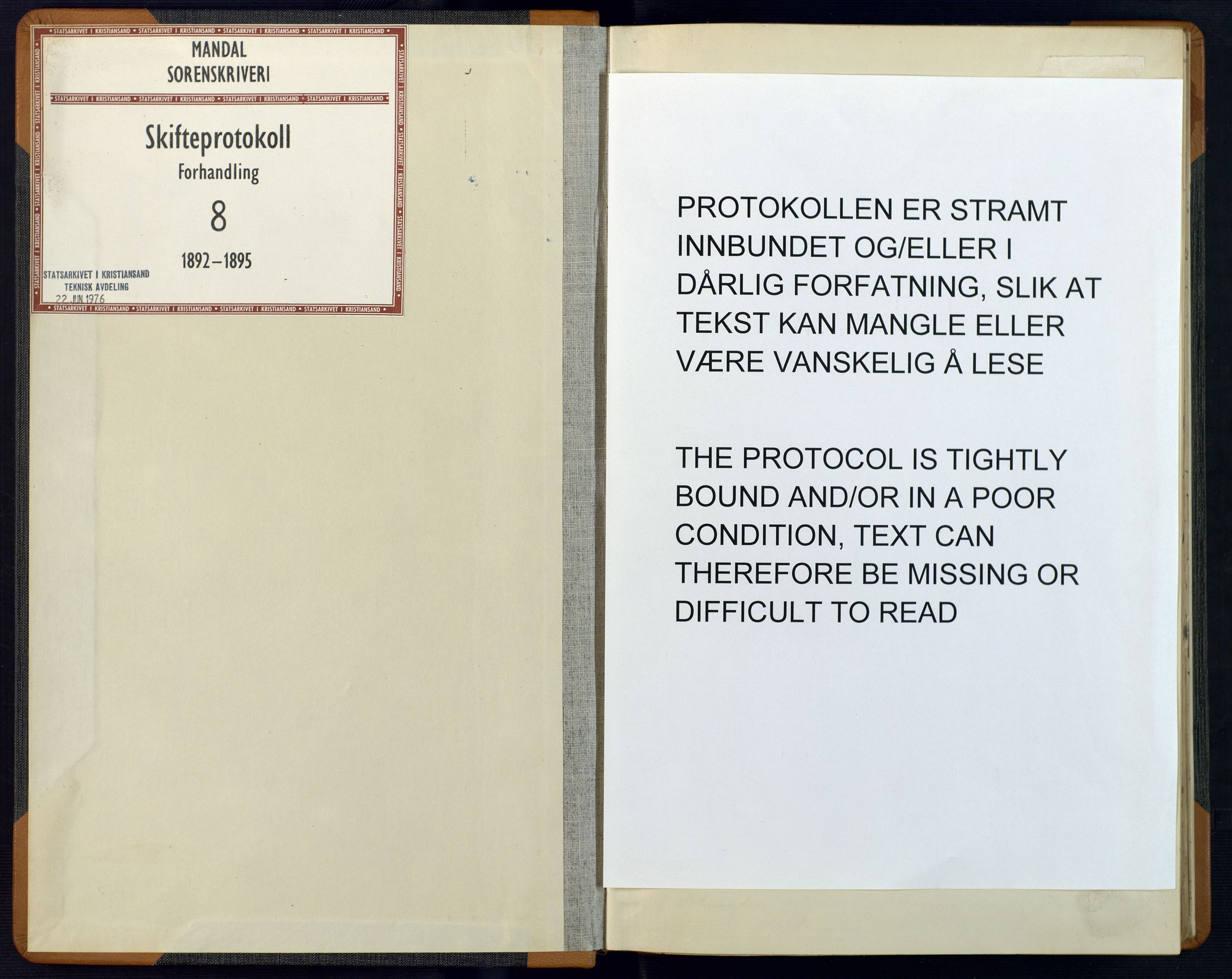 Mandal sorenskriveri, SAK/1221-0005/001/H/Hc/L0076: Skifteforhandlingsprotokoll nr 8, 1892-1895