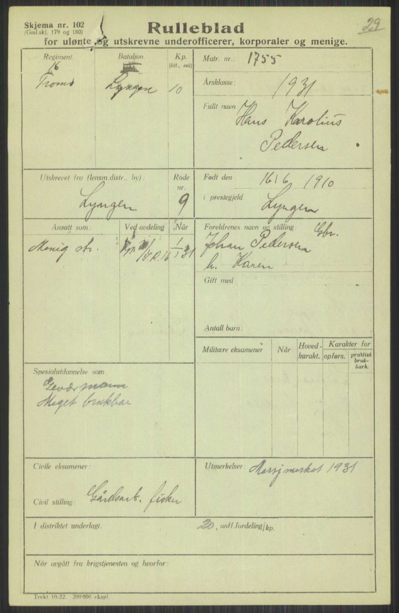 Forsvaret, Troms infanteriregiment nr. 16, AV/RA-RAFA-3146/P/Pa/L0015: Rulleblad for regimentets menige mannskaper, årsklasse 1931, 1931, s. 955