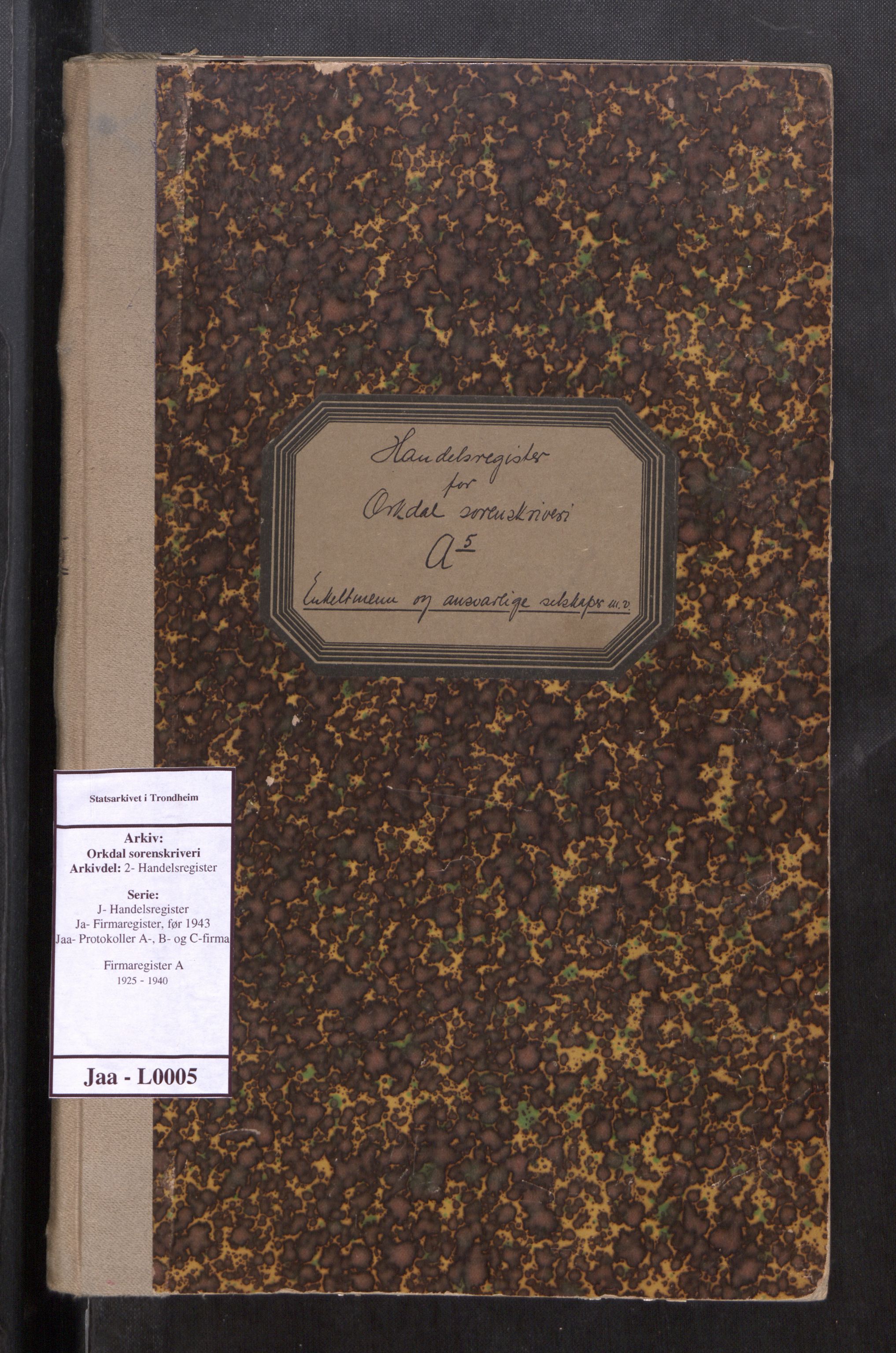 Orkdal sorenskriveri, SAT/A-4169/2/J/Ja/Jaa/L0005: Firmaregister A, 1925-1940, s. 1