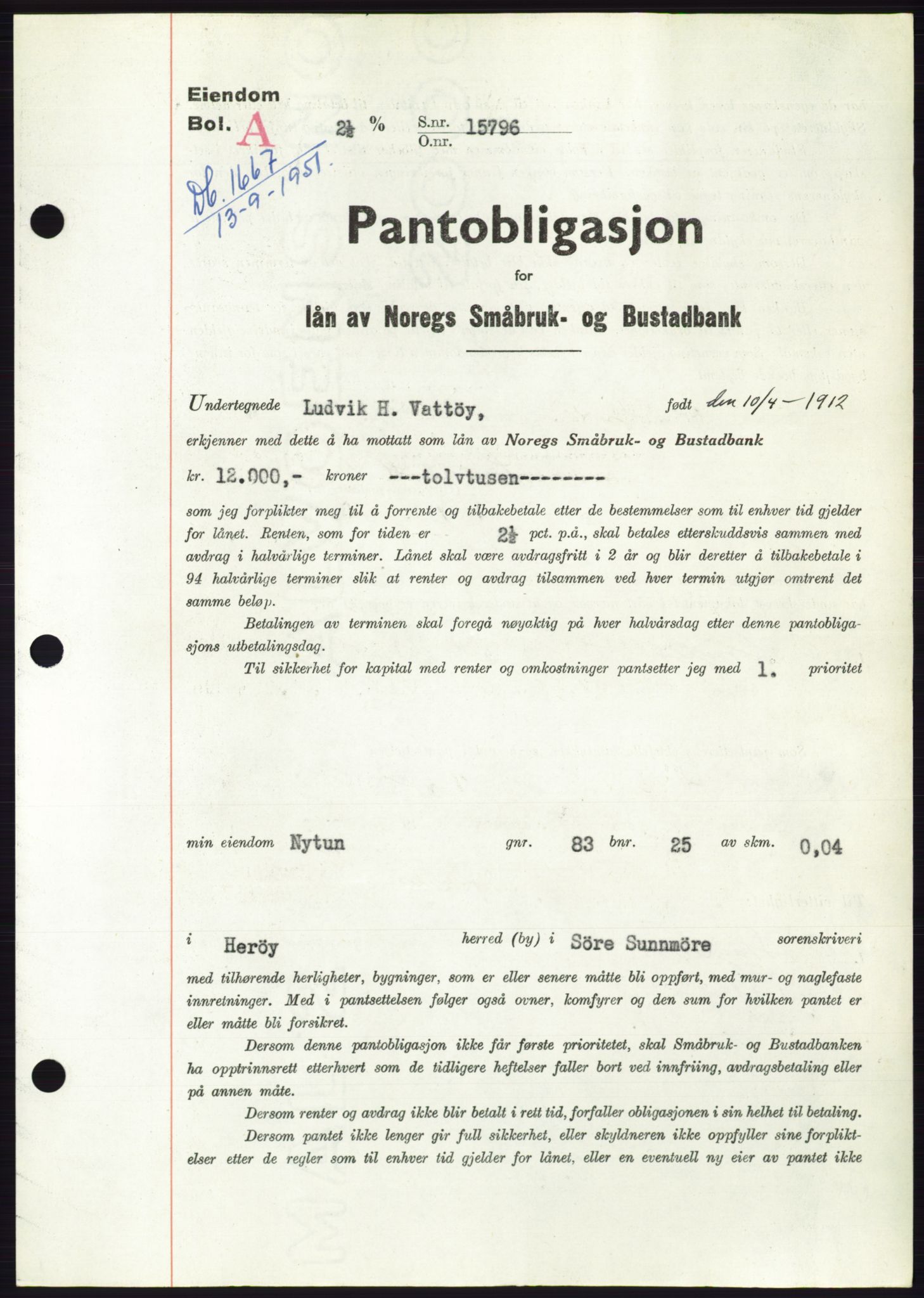 Søre Sunnmøre sorenskriveri, AV/SAT-A-4122/1/2/2C/L0120: Pantebok nr. 8B, 1951-1951, Dagboknr: 1667/1951