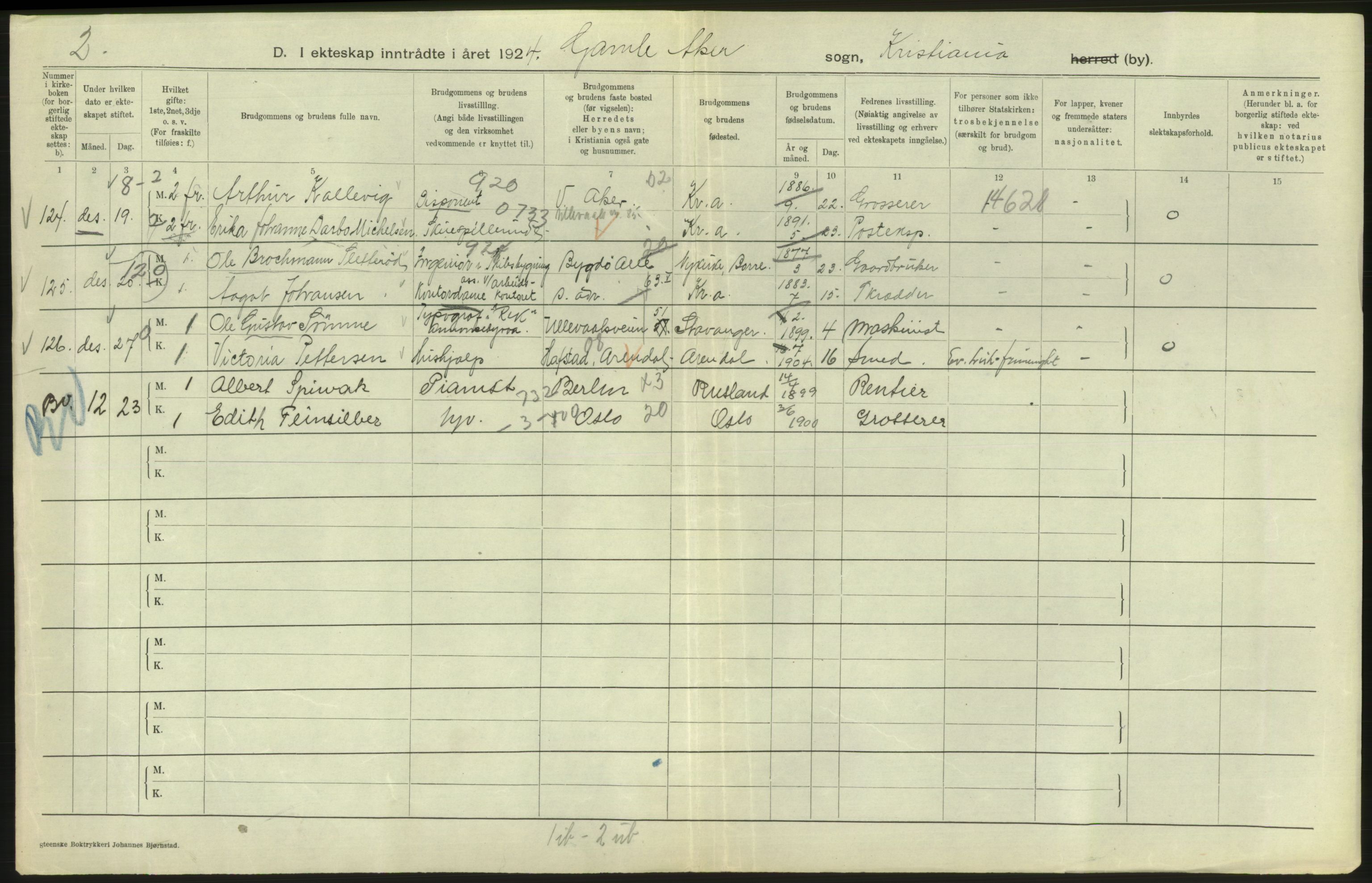Statistisk sentralbyrå, Sosiodemografiske emner, Befolkning, AV/RA-S-2228/D/Df/Dfc/Dfcd/L0007: Kristiania: Gifte, 1924, s. 326