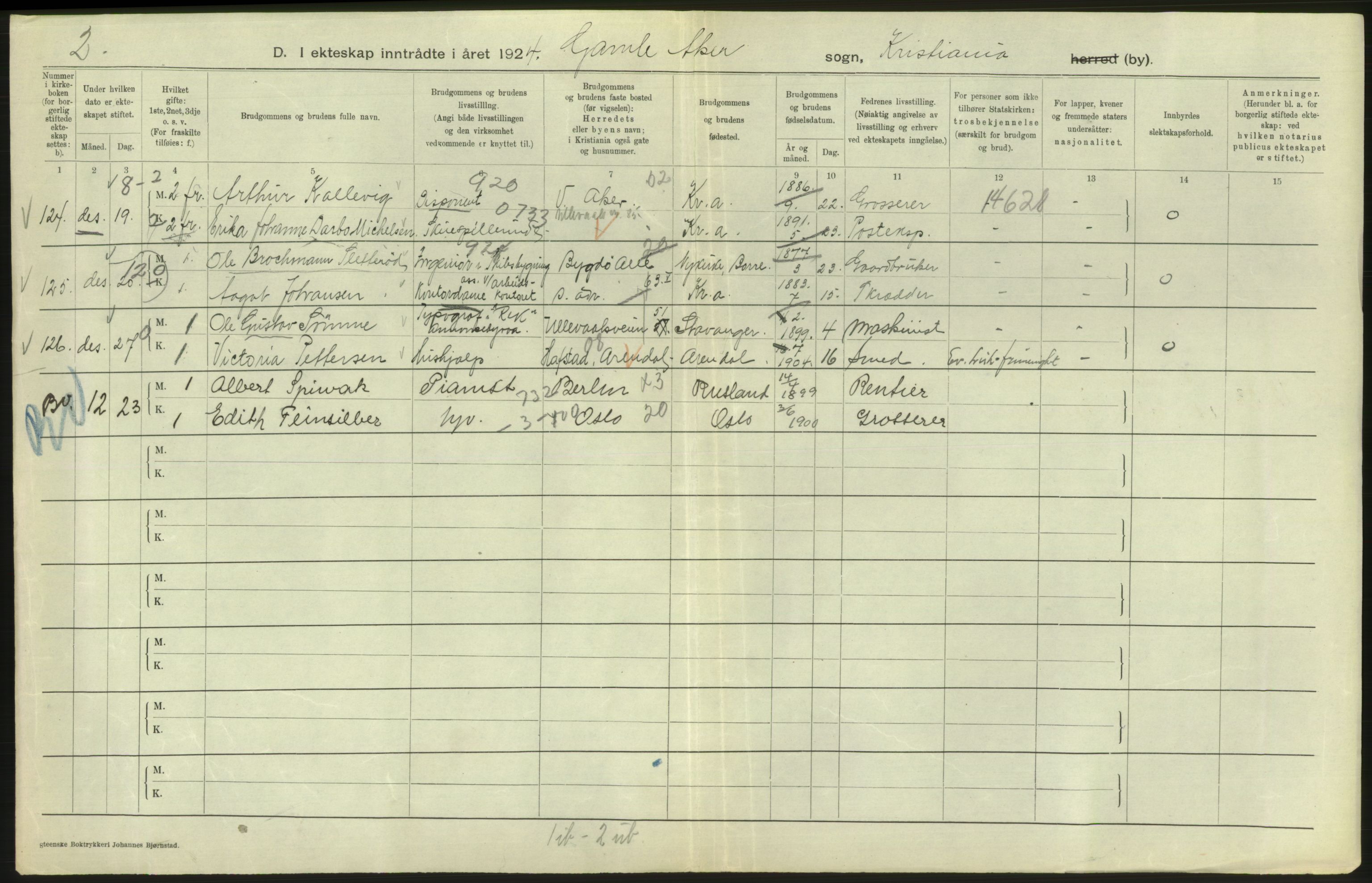 Statistisk sentralbyrå, Sosiodemografiske emner, Befolkning, RA/S-2228/D/Df/Dfc/Dfcd/L0007: Kristiania: Gifte, 1924, s. 326