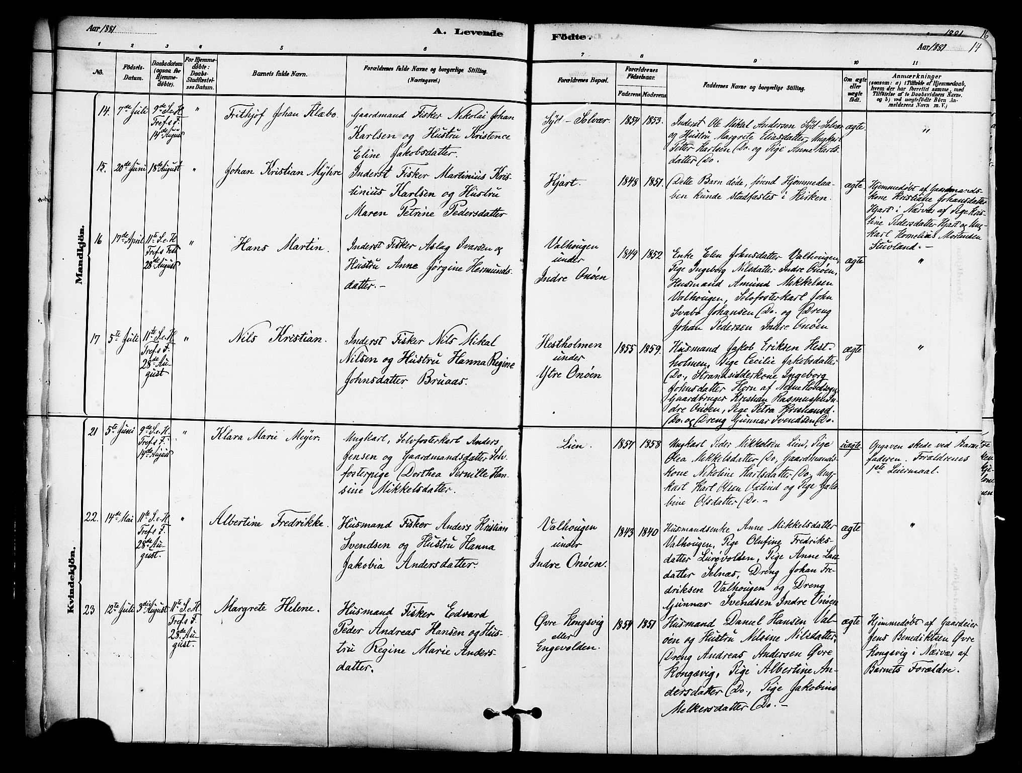 Ministerialprotokoller, klokkerbøker og fødselsregistre - Nordland, SAT/A-1459/839/L0568: Ministerialbok nr. 839A05, 1880-1902, s. 14