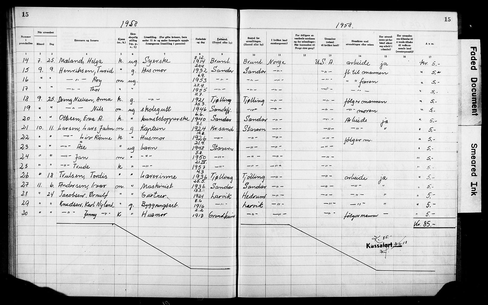 Larvik politikammer, AV/SAKO-A-738/I/Ia/Iaa/L0005: Reisekontroll. Emigrantprotokoll, 1948-1970, s. 15