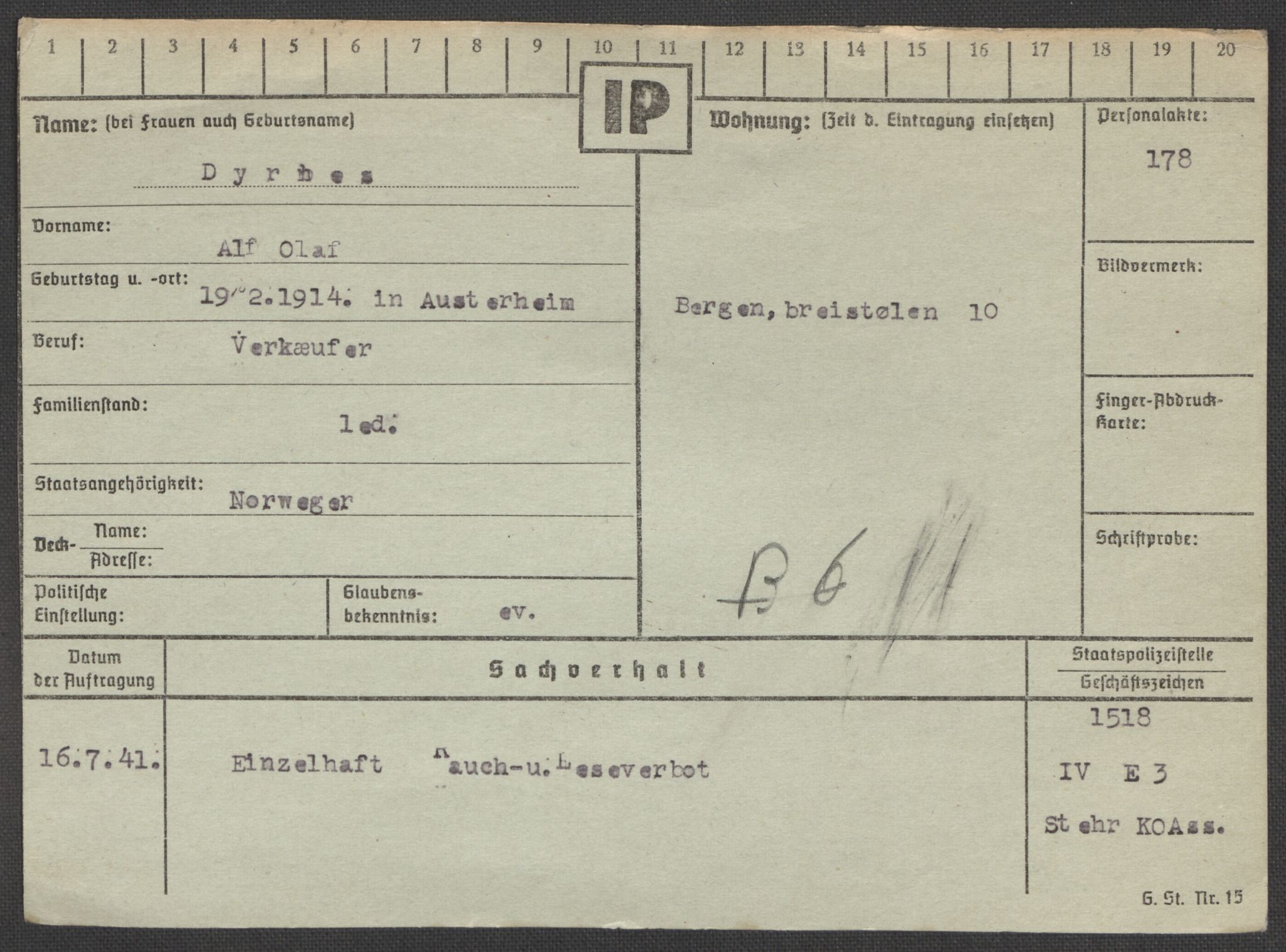 Befehlshaber der Sicherheitspolizei und des SD, AV/RA-RAFA-5969/E/Ea/Eaa/L0002: Register over norske fanger i Møllergata 19: Bj-Eng, 1940-1945, s. 1127