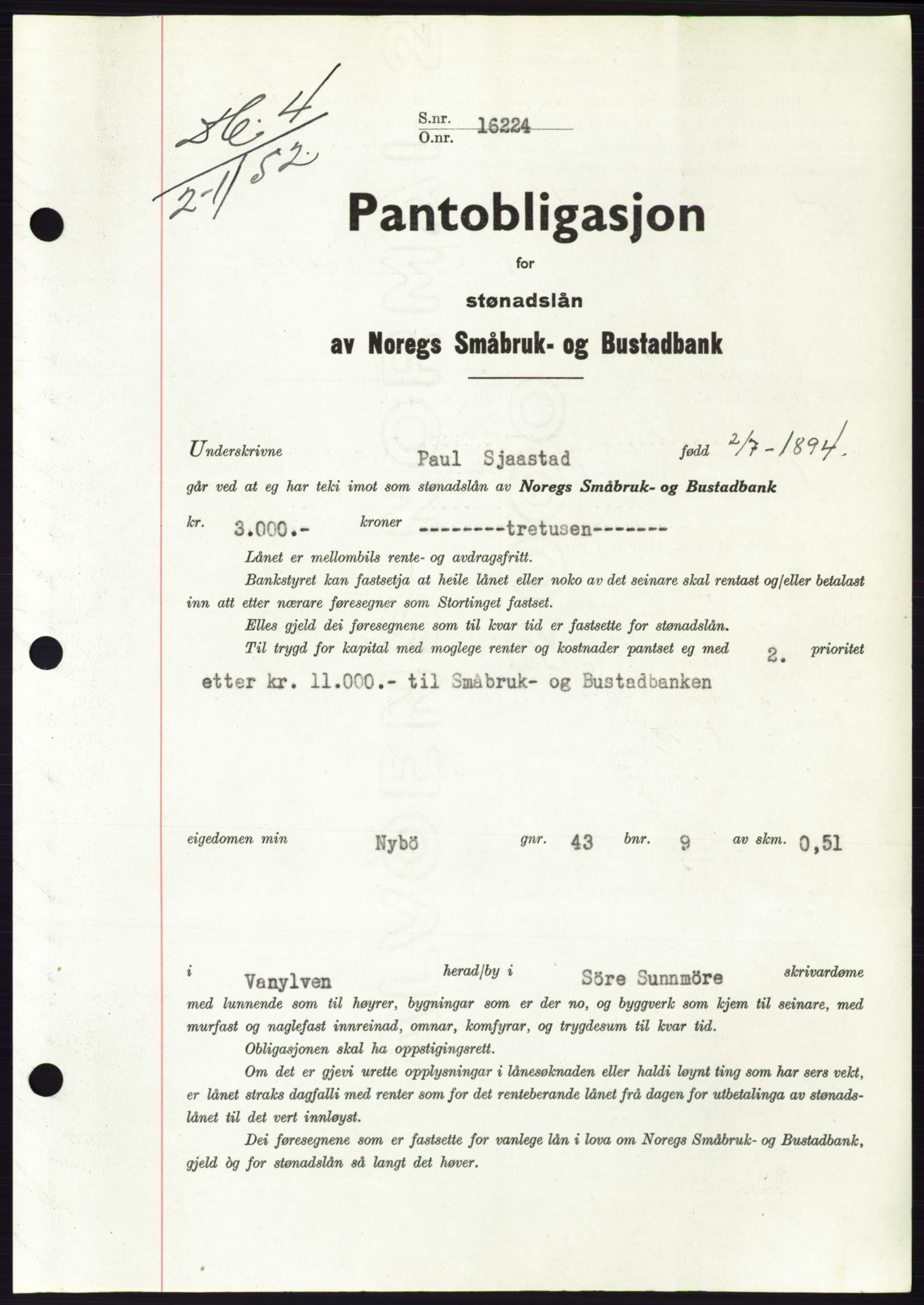 Søre Sunnmøre sorenskriveri, AV/SAT-A-4122/1/2/2C/L0121: Pantebok nr. 9B, 1951-1952, Dagboknr: 4/1952