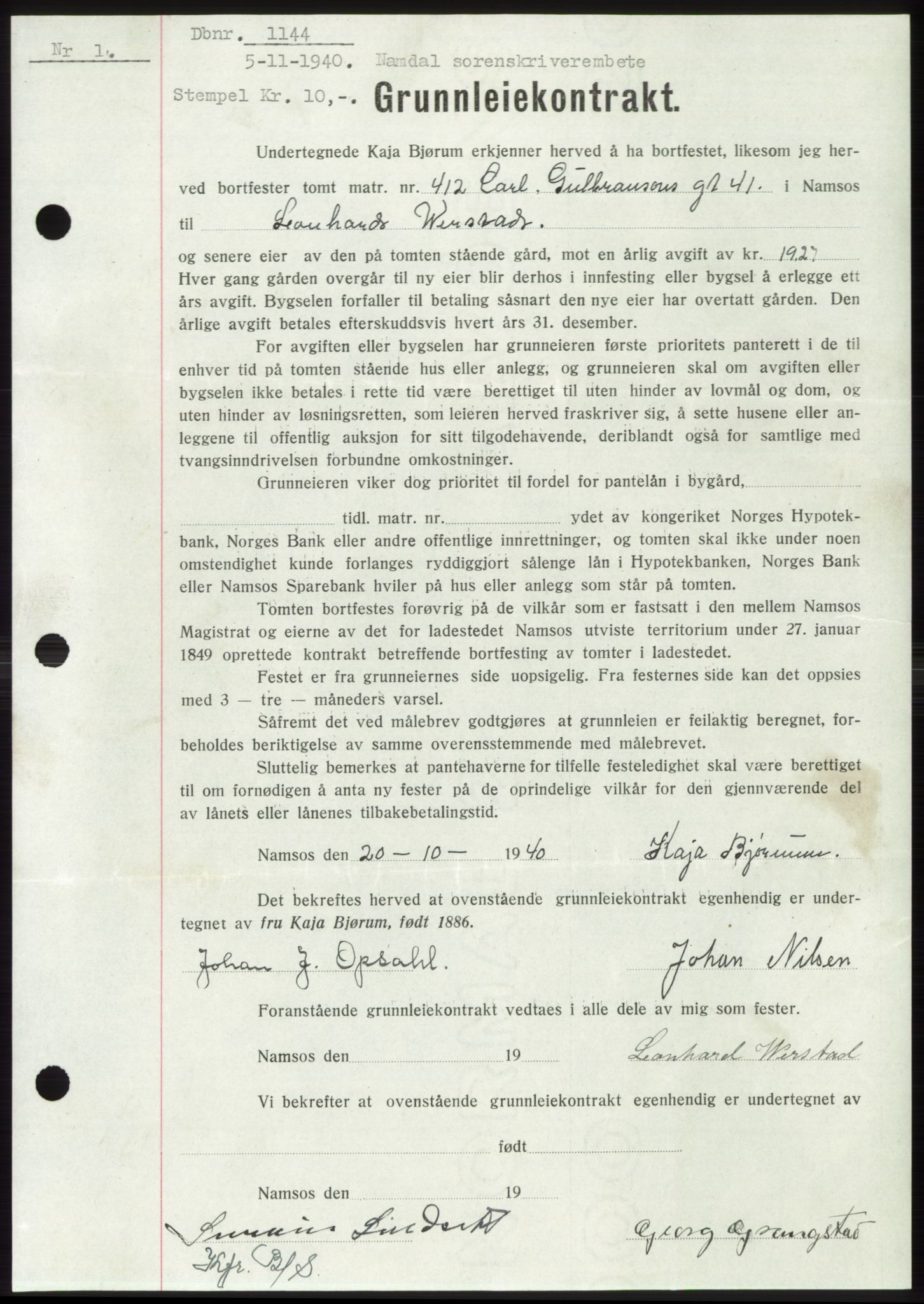 Namdal sorenskriveri, SAT/A-4133/1/2/2C: Pantebok nr. -, 1940-1941, Tingl.dato: 05.11.1940