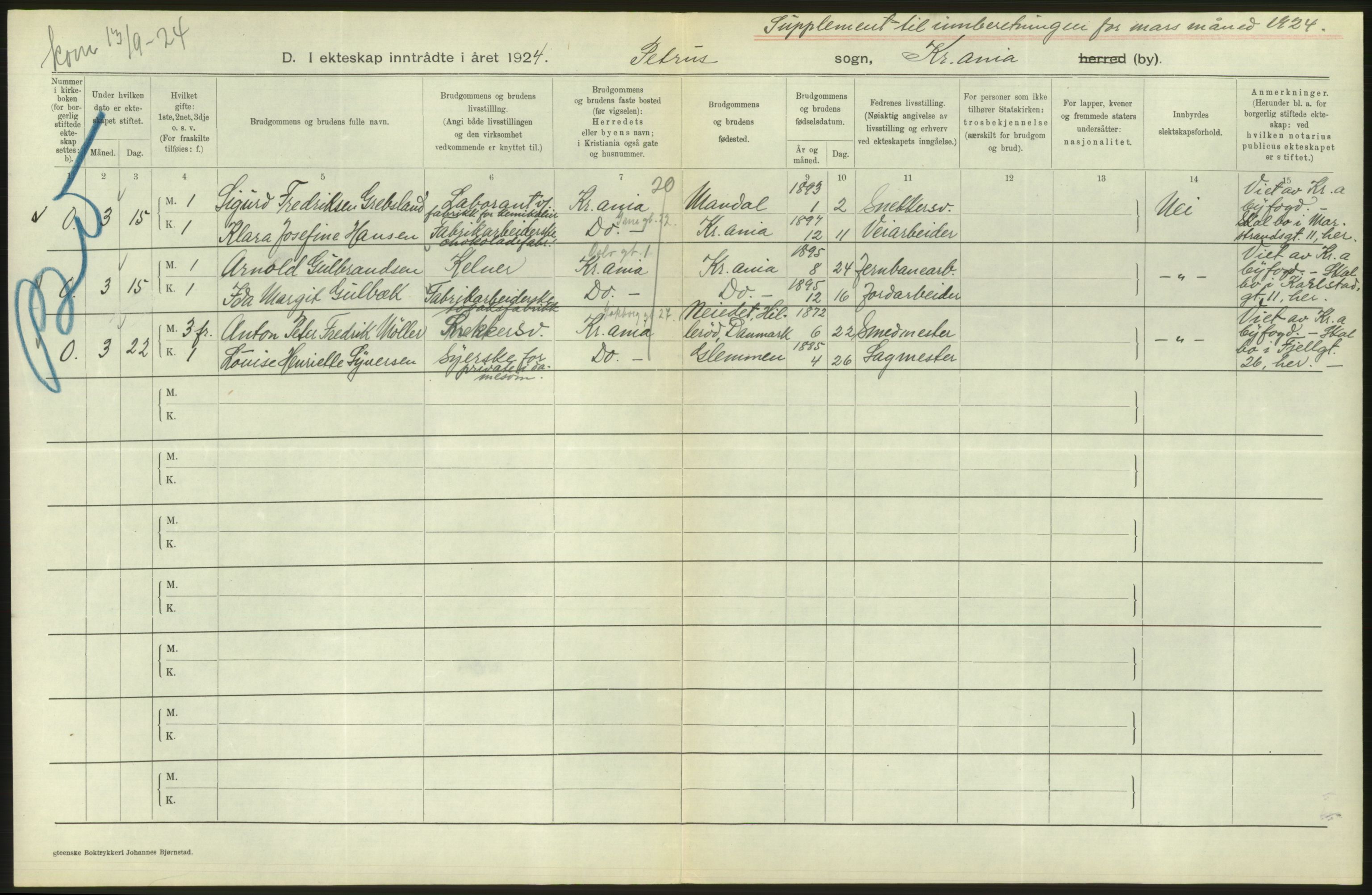Statistisk sentralbyrå, Sosiodemografiske emner, Befolkning, AV/RA-S-2228/D/Df/Dfc/Dfcd/L0007: Kristiania: Gifte, 1924, s. 402