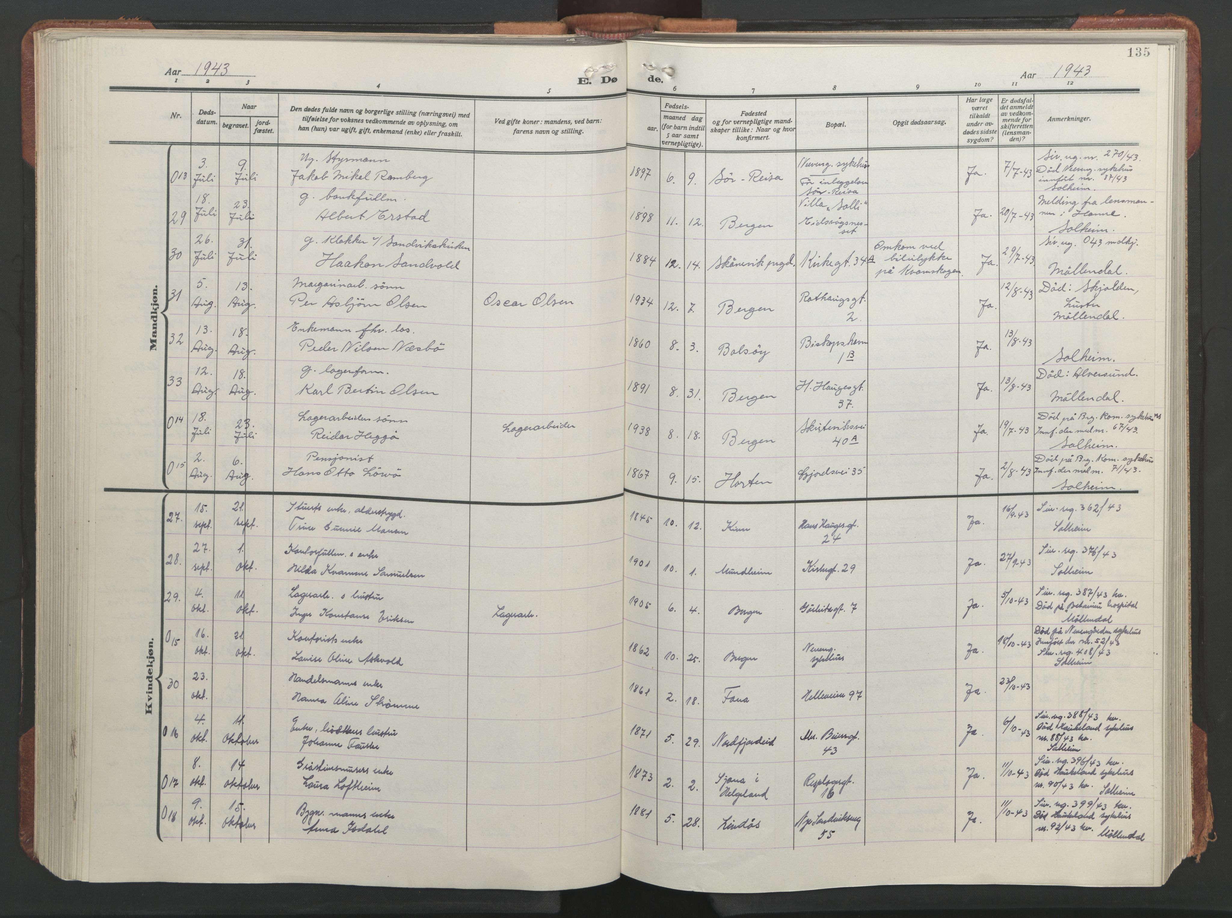 Sandviken Sokneprestembete, AV/SAB-A-77601/H/Hb/L0018: Klokkerbok nr. E 2, 1926-1962, s. 134b-135a