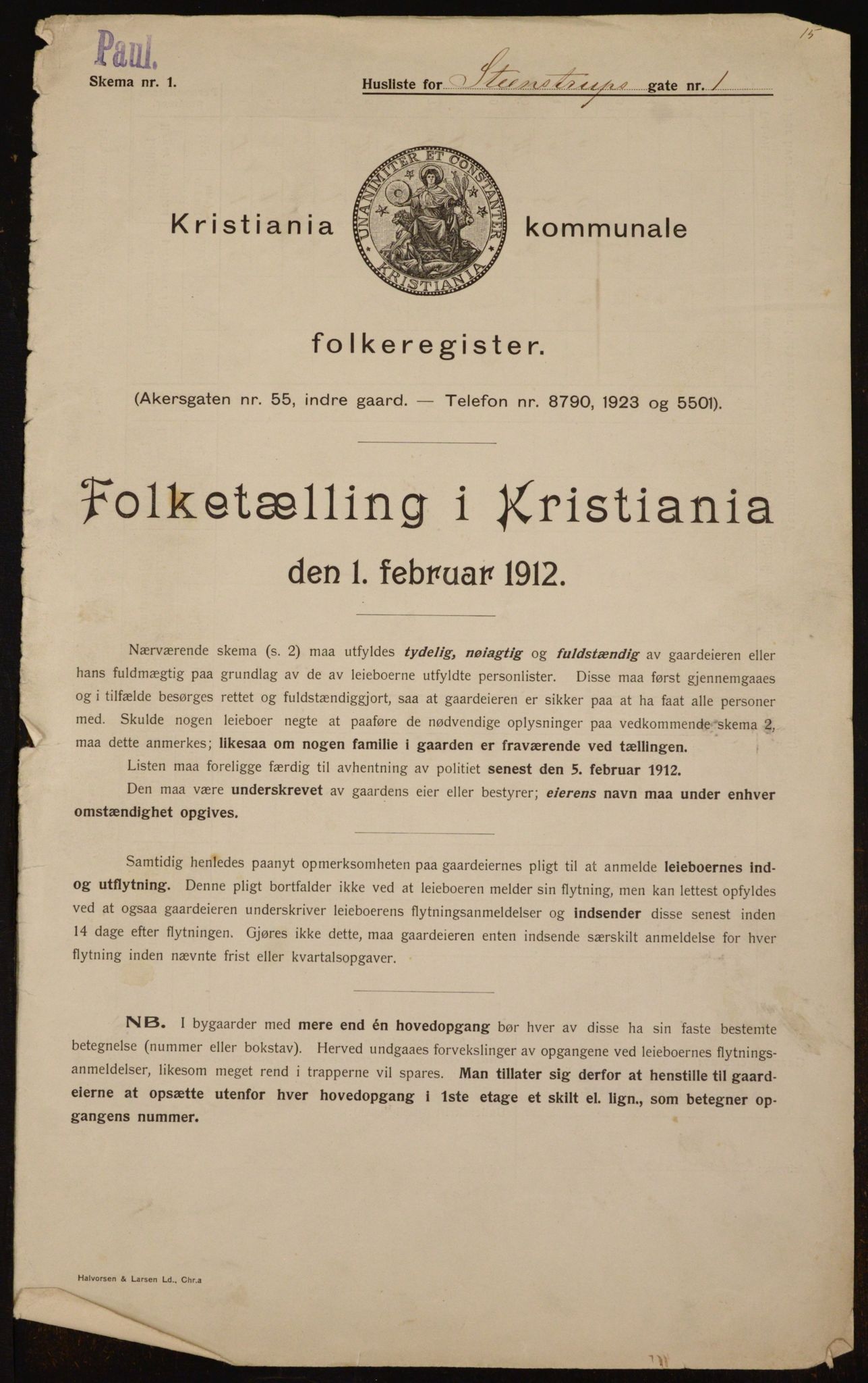 OBA, Kommunal folketelling 1.2.1912 for Kristiania, 1912, s. 100910