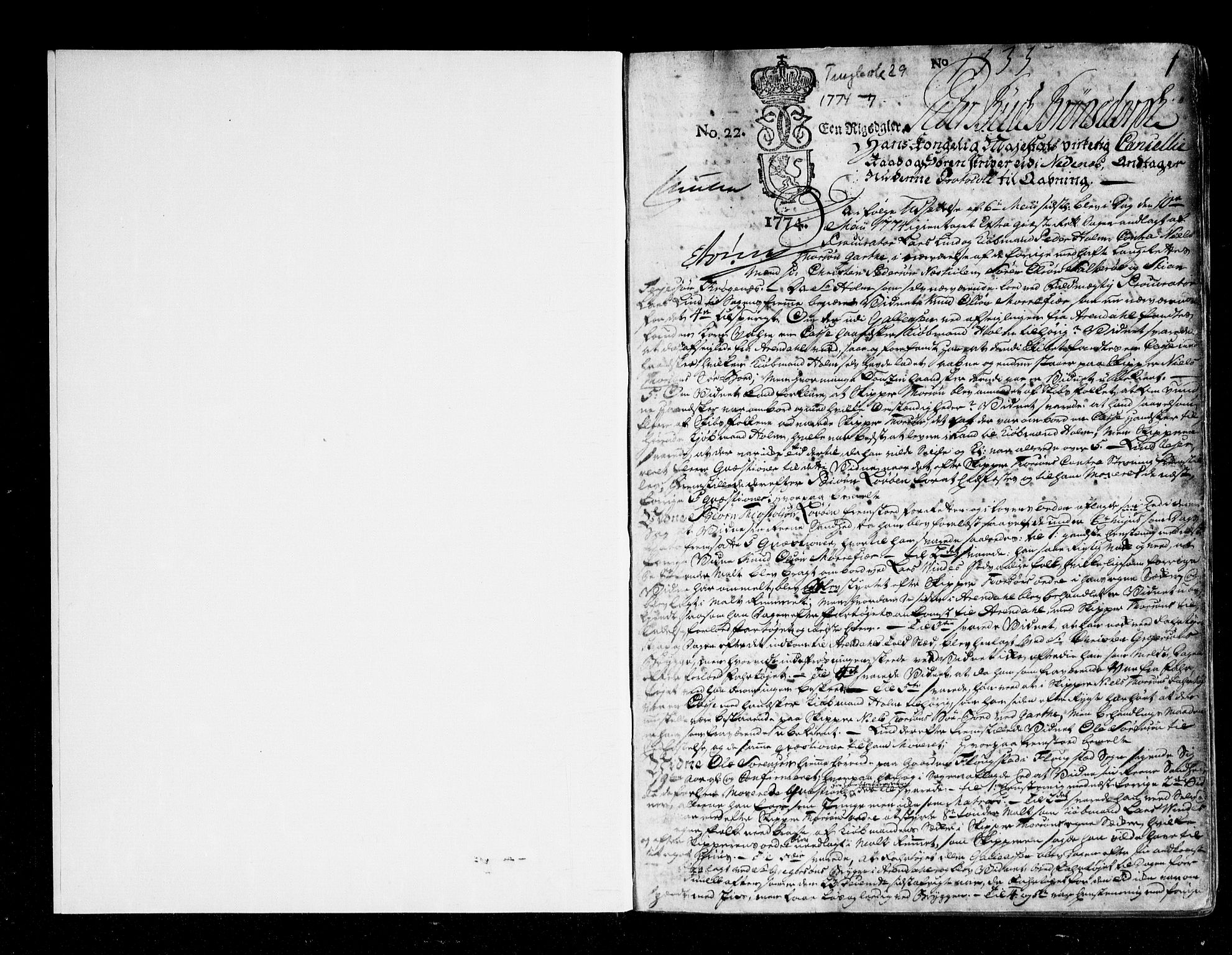 Nedenes sorenskriveri før 1824, SAK/1221-0007/F/Fa/L0034: Tingbok med register nr 29, 1774-1778, s. 0b-1a