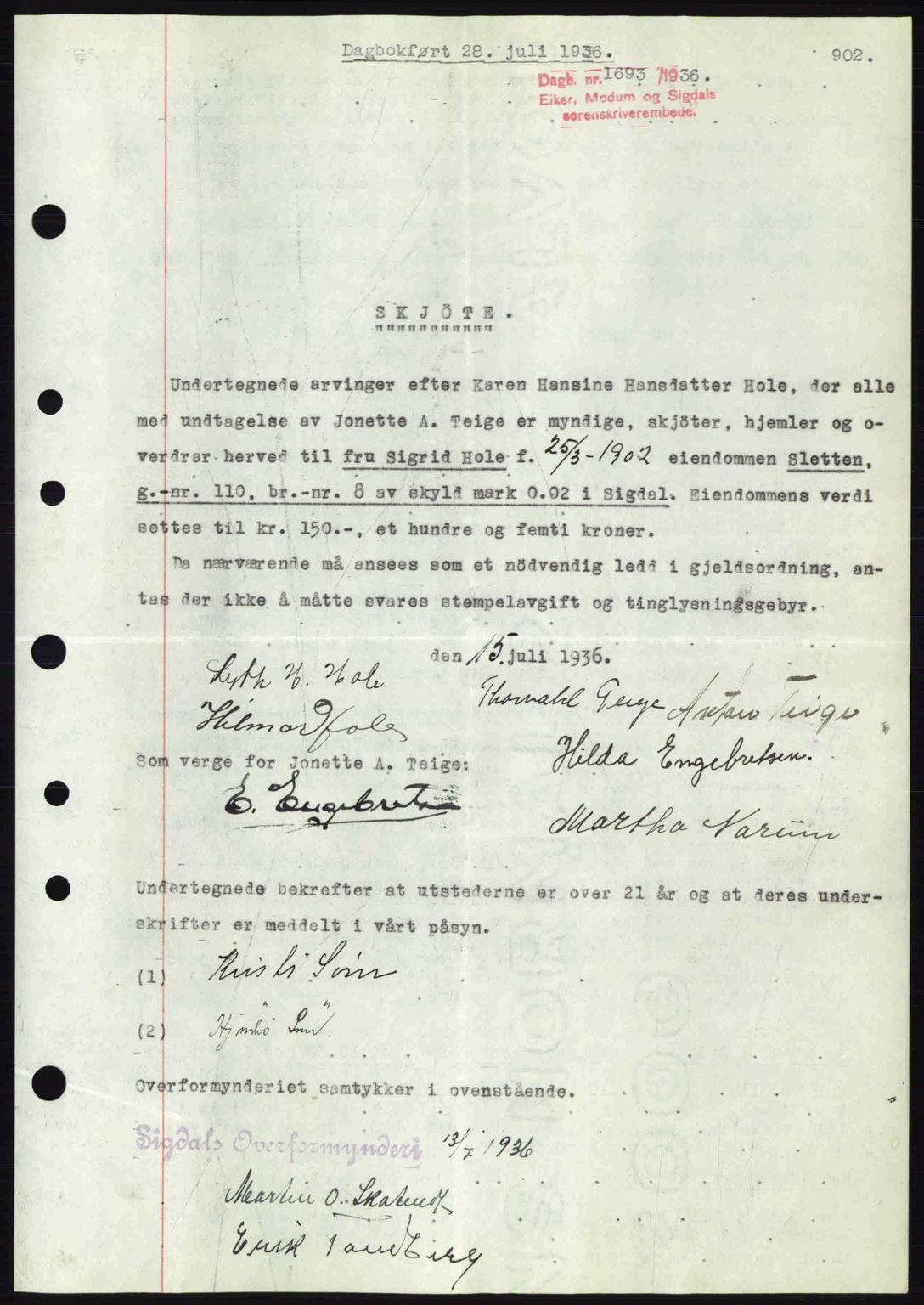 Eiker, Modum og Sigdal sorenskriveri, SAKO/A-123/G/Ga/Gab/L0032: Pantebok nr. A2, 1936-1936, Dagboknr: 1693/1936
