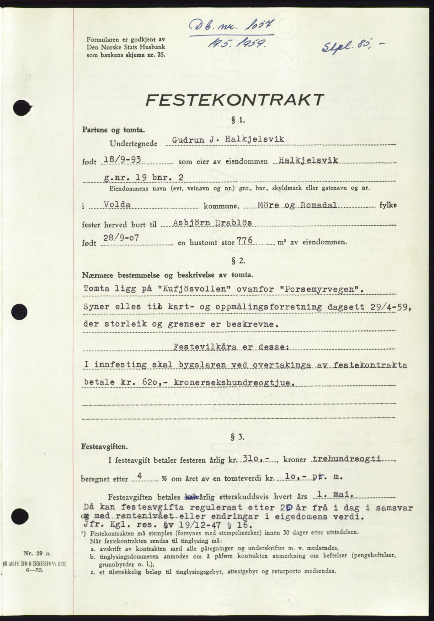 Søre Sunnmøre sorenskriveri, SAT/A-4122/1/2/2C/L0112: Pantebok nr. 38A, 1959-1959, Dagboknr: 1057/1959