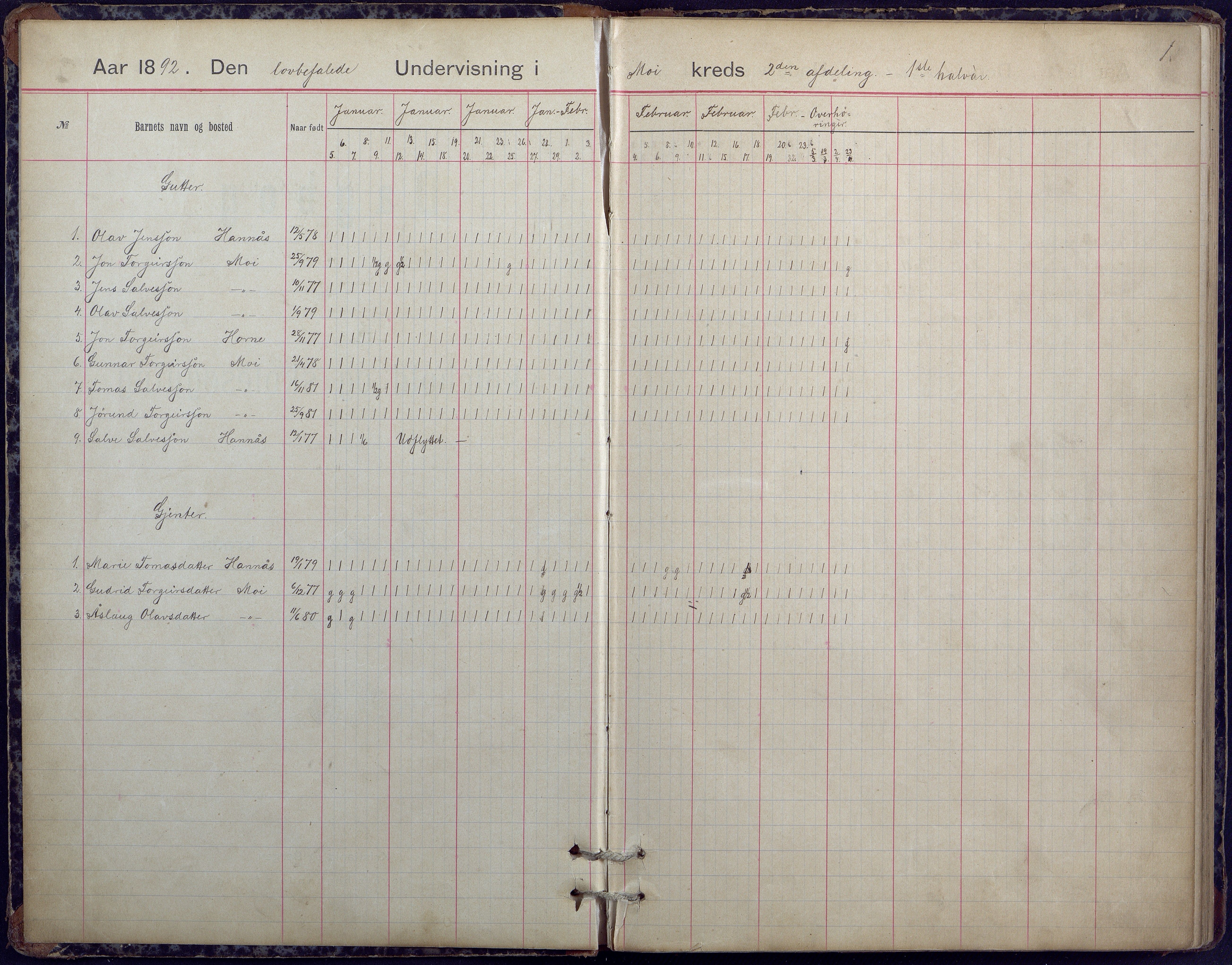 Hornnes kommune, Moi, Moseid, Kjetså skolekretser, AAKS/KA0936-550e/F1/L0005: Dagbok. Moseid, Moi, 1892-1908, s. 1