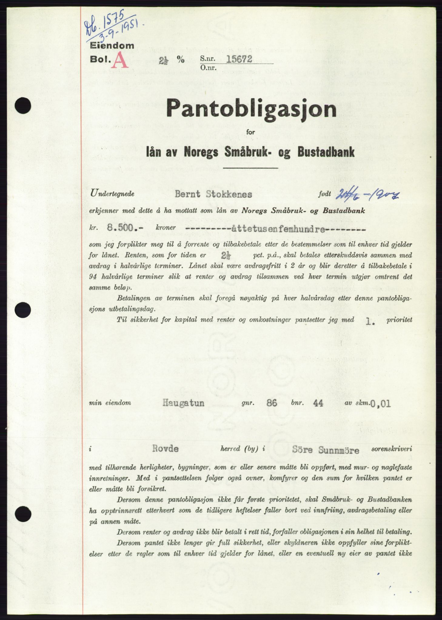 Søre Sunnmøre sorenskriveri, AV/SAT-A-4122/1/2/2C/L0120: Pantebok nr. 8B, 1951-1951, Dagboknr: 1575/1951