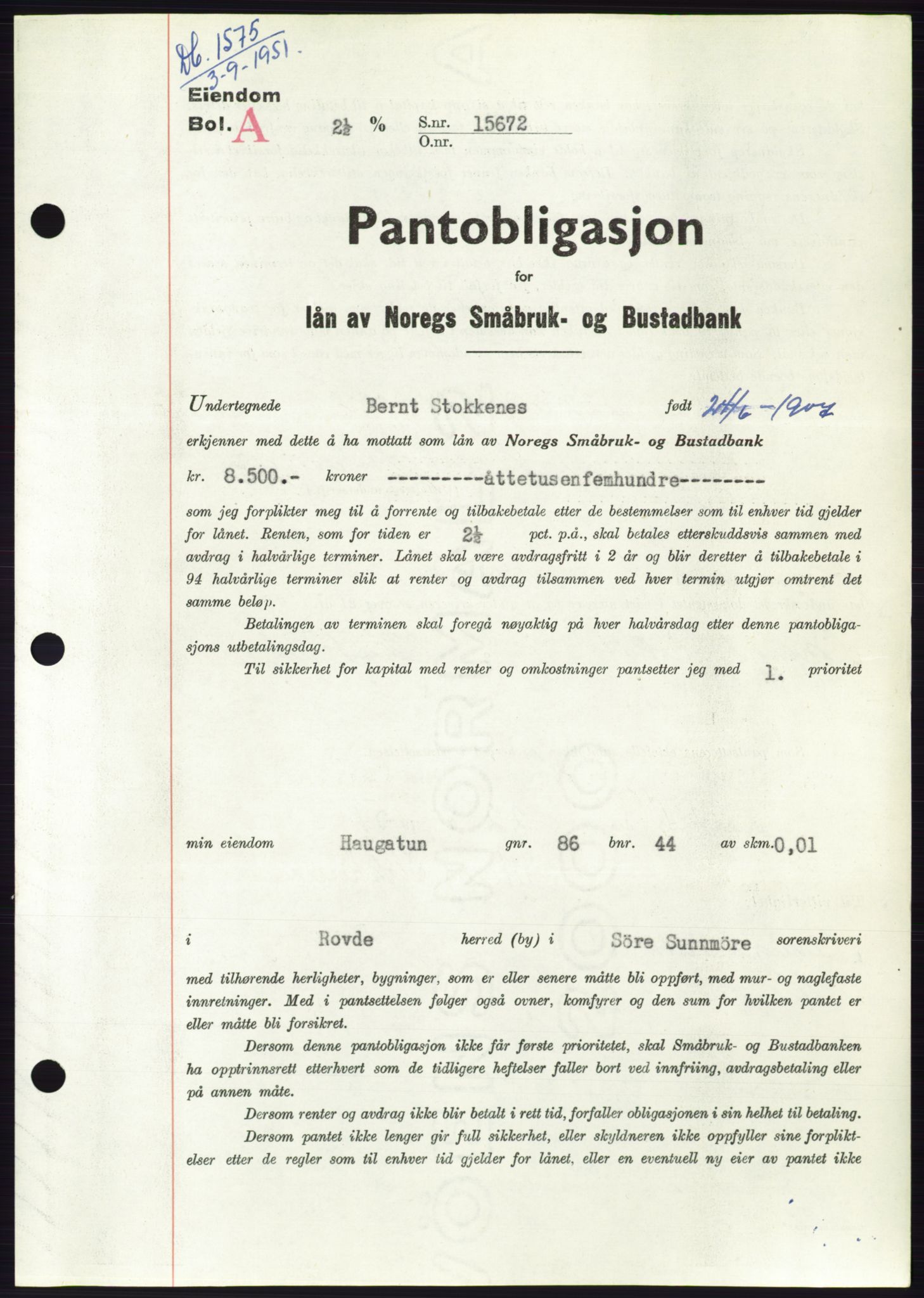 Søre Sunnmøre sorenskriveri, SAT/A-4122/1/2/2C/L0120: Pantebok nr. 8B, 1951-1951, Dagboknr: 1575/1951