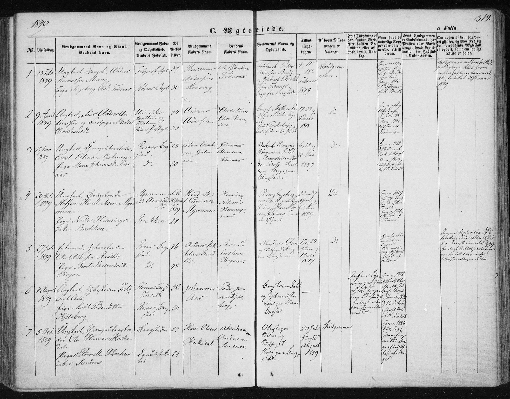 Ministerialprotokoller, klokkerbøker og fødselsregistre - Sør-Trøndelag, SAT/A-1456/681/L0931: Ministerialbok nr. 681A09, 1845-1859, s. 319