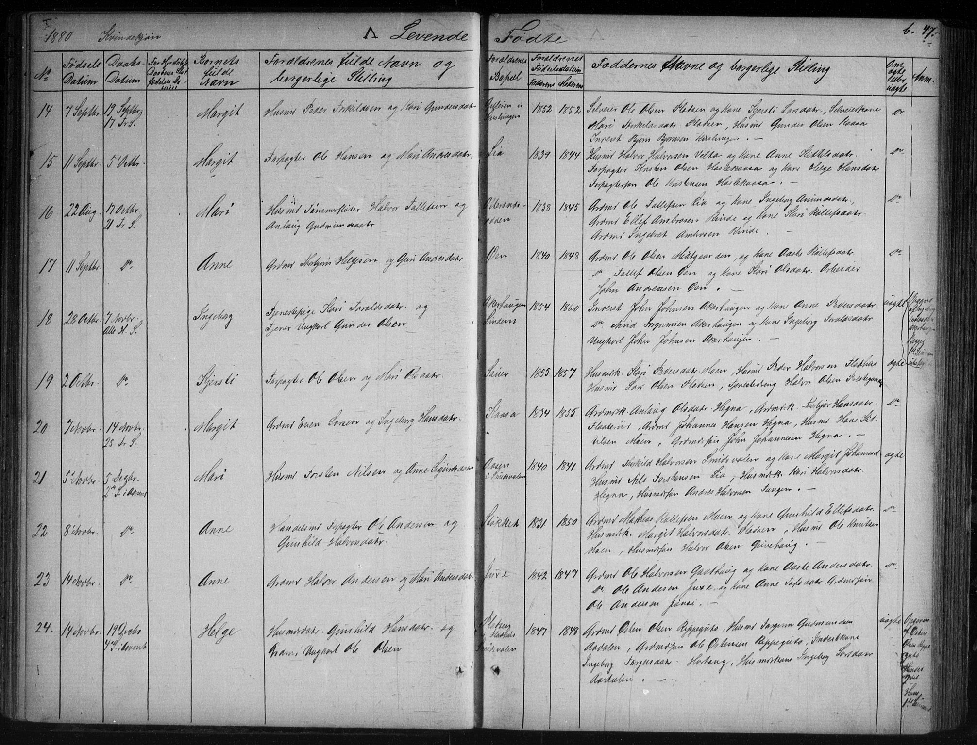 Sauherad kirkebøker, AV/SAKO-A-298/G/Ga/L0003: Klokkerbok nr. I 3, 1866-1905, s. 47