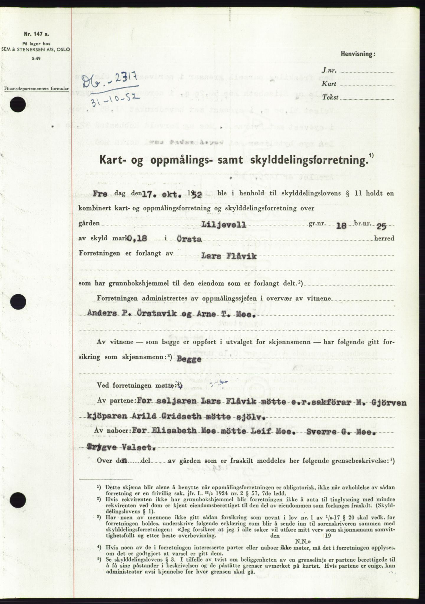 Søre Sunnmøre sorenskriveri, SAT/A-4122/1/2/2C/L0093: Pantebok nr. 19A, 1952-1953, Dagboknr: 2317/1952