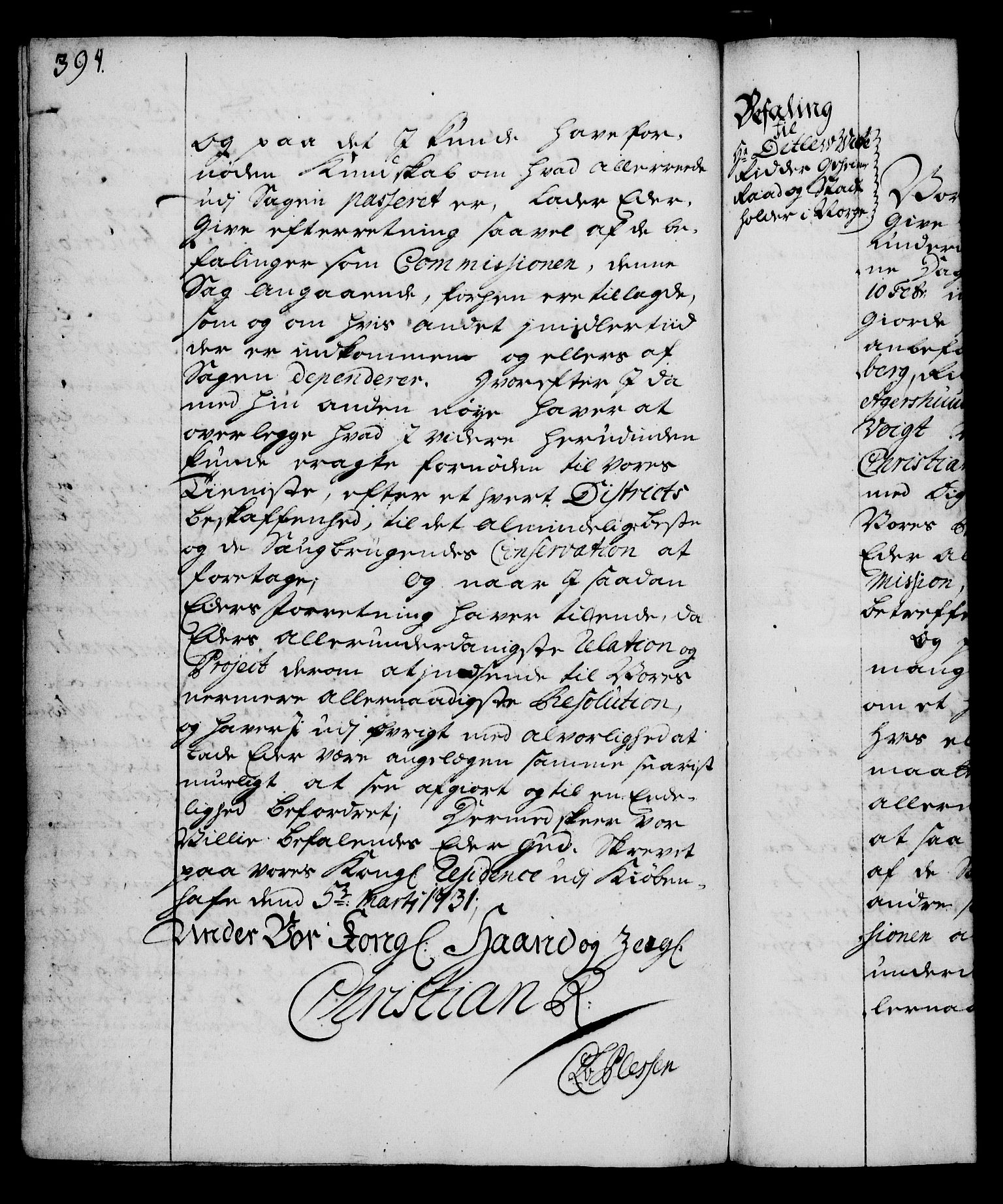 Rentekammeret, Kammerkanselliet, RA/EA-3111/G/Gg/Gga/L0003: Norsk ekspedisjonsprotokoll med register (merket RK 53.3), 1727-1734, s. 394