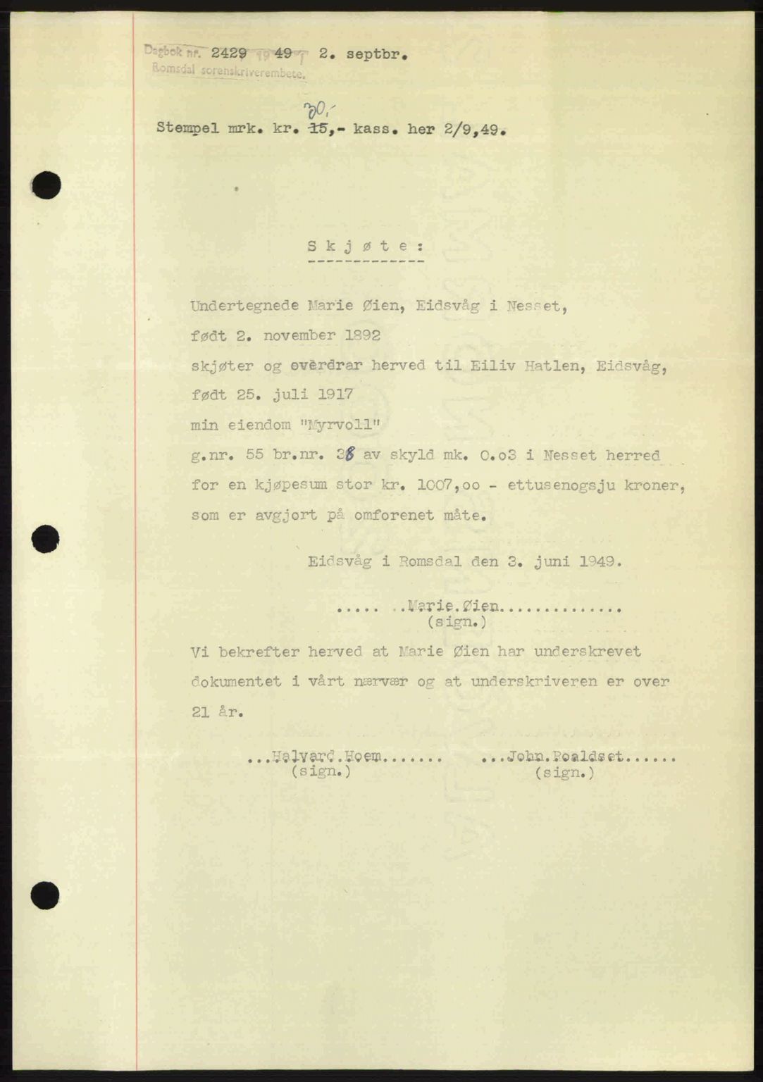 Romsdal sorenskriveri, SAT/A-4149/1/2/2C: Pantebok nr. A30, 1949-1949, Dagboknr: 2429/1949