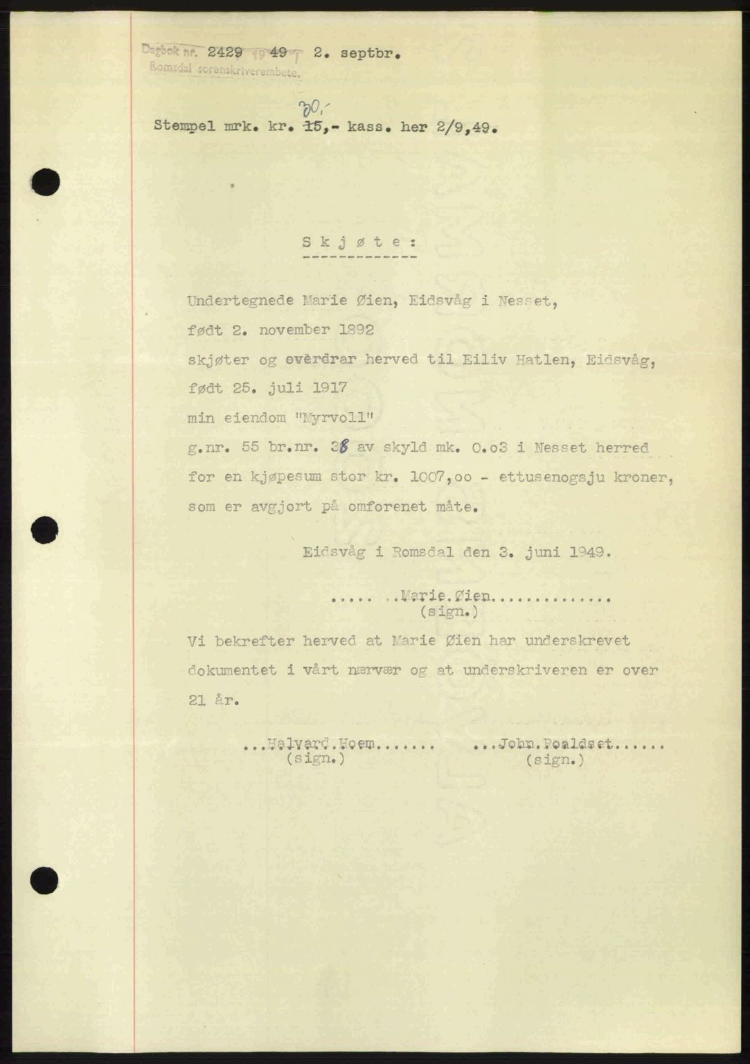 Romsdal sorenskriveri, AV/SAT-A-4149/1/2/2C: Pantebok nr. A30, 1949-1949, Dagboknr: 2429/1949