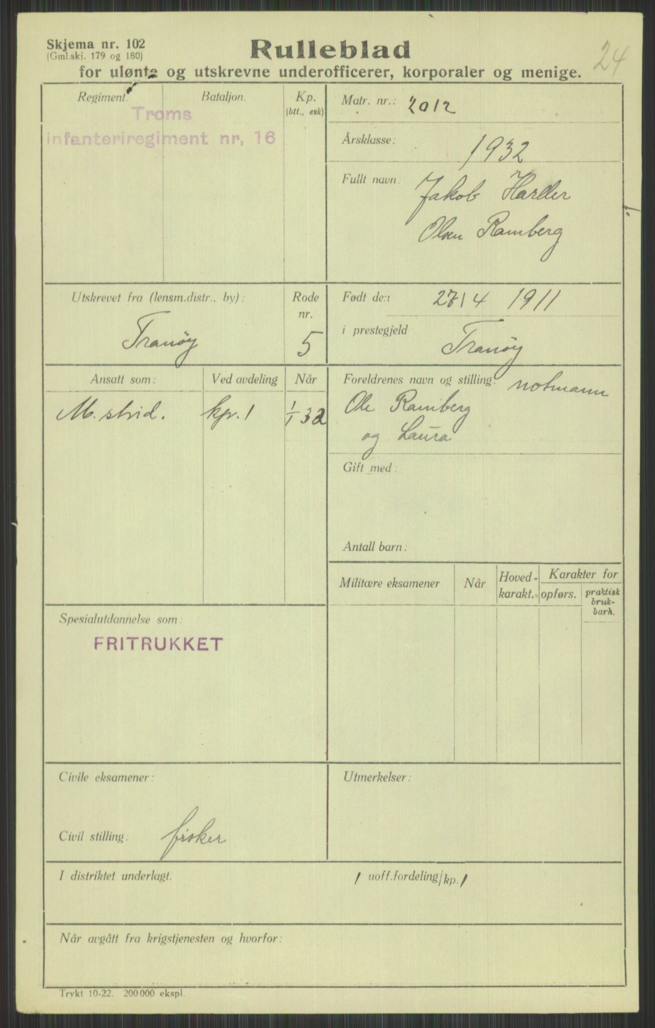 Forsvaret, Troms infanteriregiment nr. 16, AV/RA-RAFA-3146/P/Pa/L0016: Rulleblad for regimentets menige mannskaper, årsklasse 1932, 1932, s. 1353