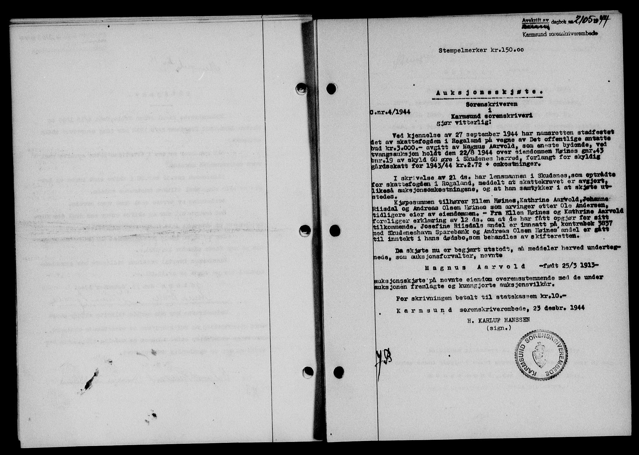 Karmsund sorenskriveri, SAST/A-100311/01/II/IIB/L0083: Pantebok nr. 64A, 1944-1945, Dagboknr: 2105/1944