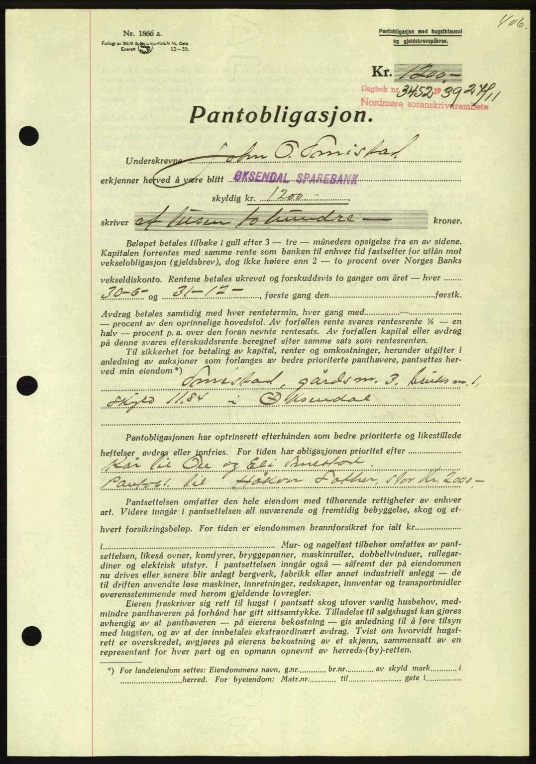 Nordmøre sorenskriveri, AV/SAT-A-4132/1/2/2Ca: Pantebok nr. B86, 1939-1940, Dagboknr: 3452/1939