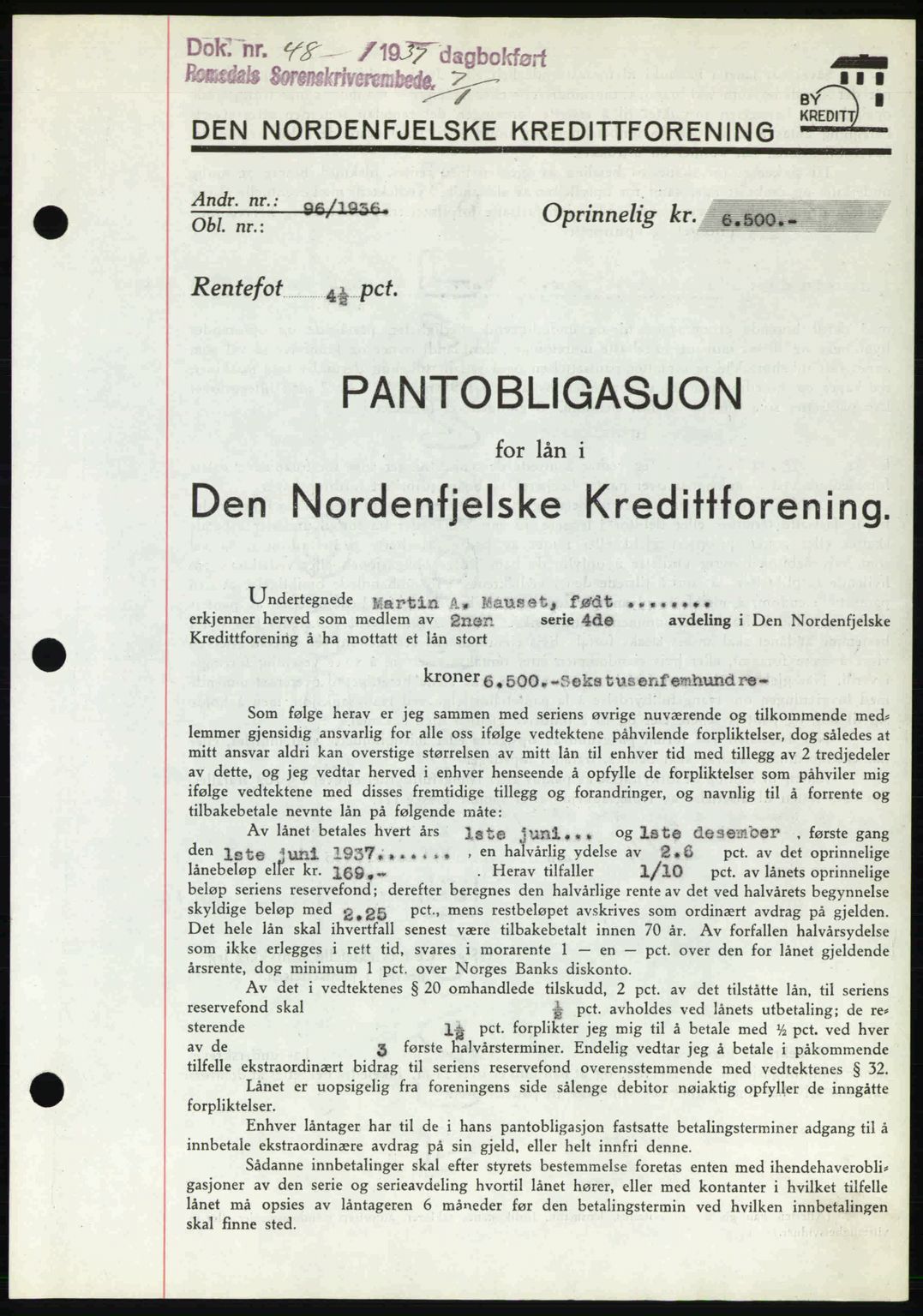 Romsdal sorenskriveri, SAT/A-4149/1/2/2C: Pantebok nr. B1, 1936-1939, Dagboknr: 48/1937