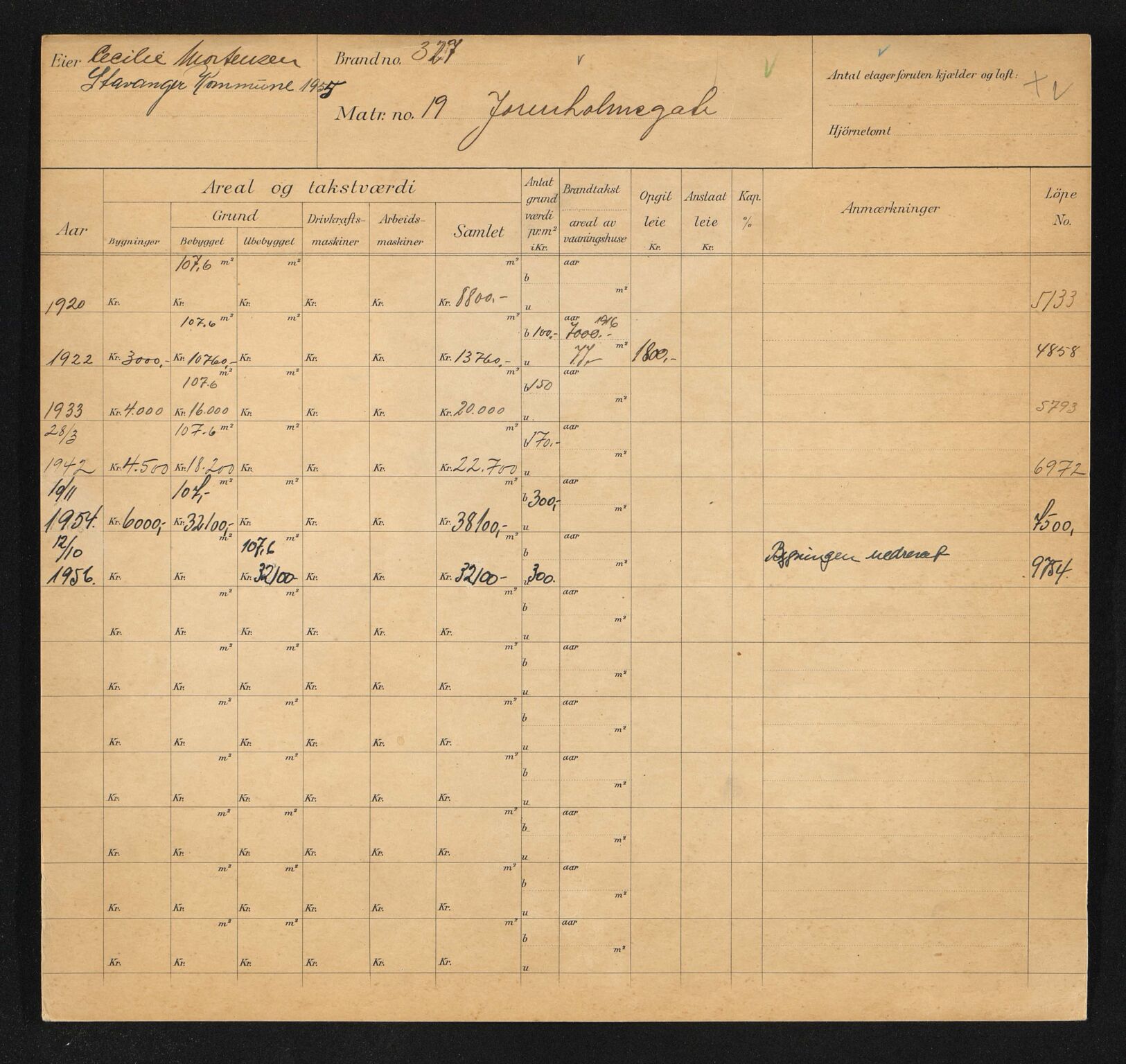 Stavanger kommune. Skattetakstvesenet, BYST/A-0440/F/Fa/Faa/L0021/0007: Skattetakstkort / Jorenholmsgata 19 - Jærgata 14