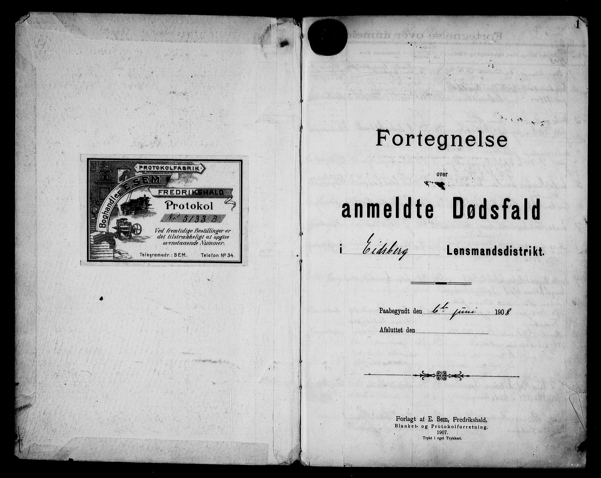 Eidsberg lensmannskontor, SAO/A-10079/H/Ha/Haa/L0001: Dødsfallsprotokoll, 1908-1918