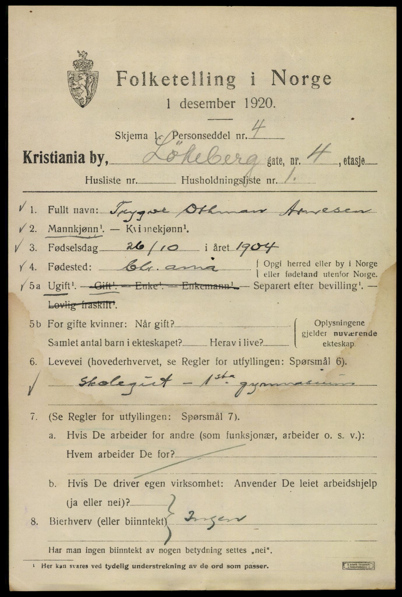 SAO, Folketelling 1920 for 0301 Kristiania kjøpstad, 1920, s. 366945