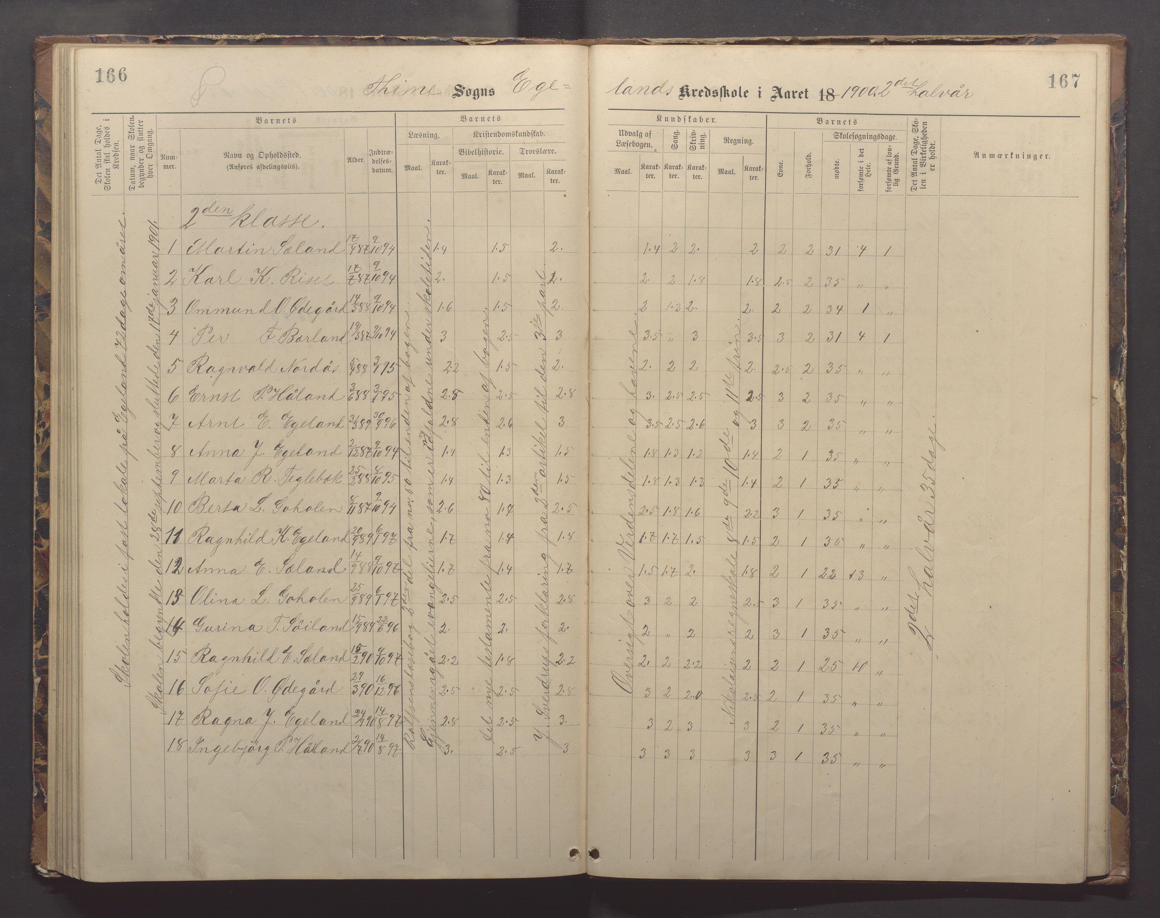 Time kommune - Eikeland skole, IKAR/K-100799/H/L0002: Skoleprotokoll, 1888-1902, s. 166-167