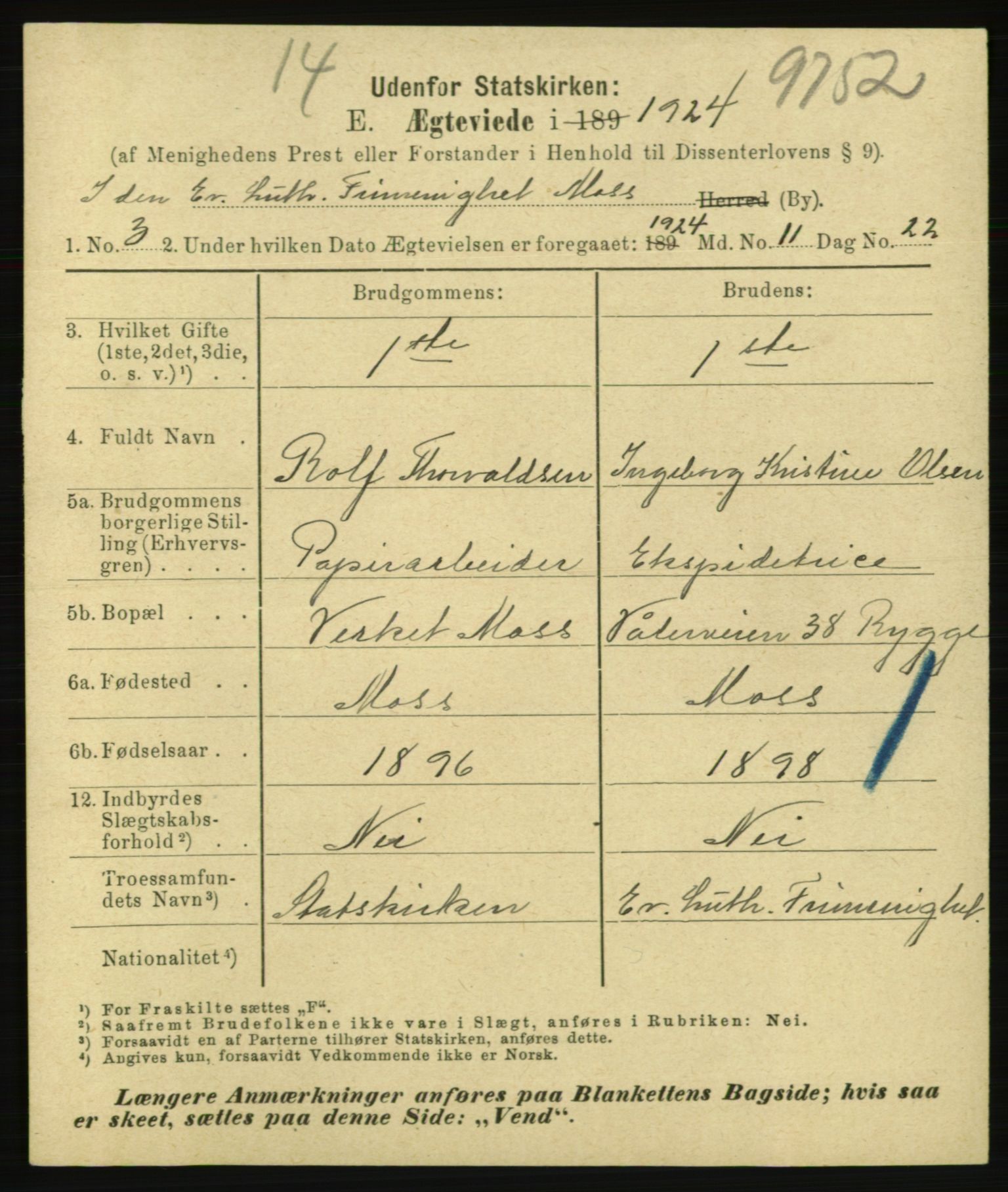Statistisk sentralbyrå, Sosiodemografiske emner, Befolkning, AV/RA-S-2228/E/L0022: Fødte, gifte, døde dissentere., 1924, s. 1701