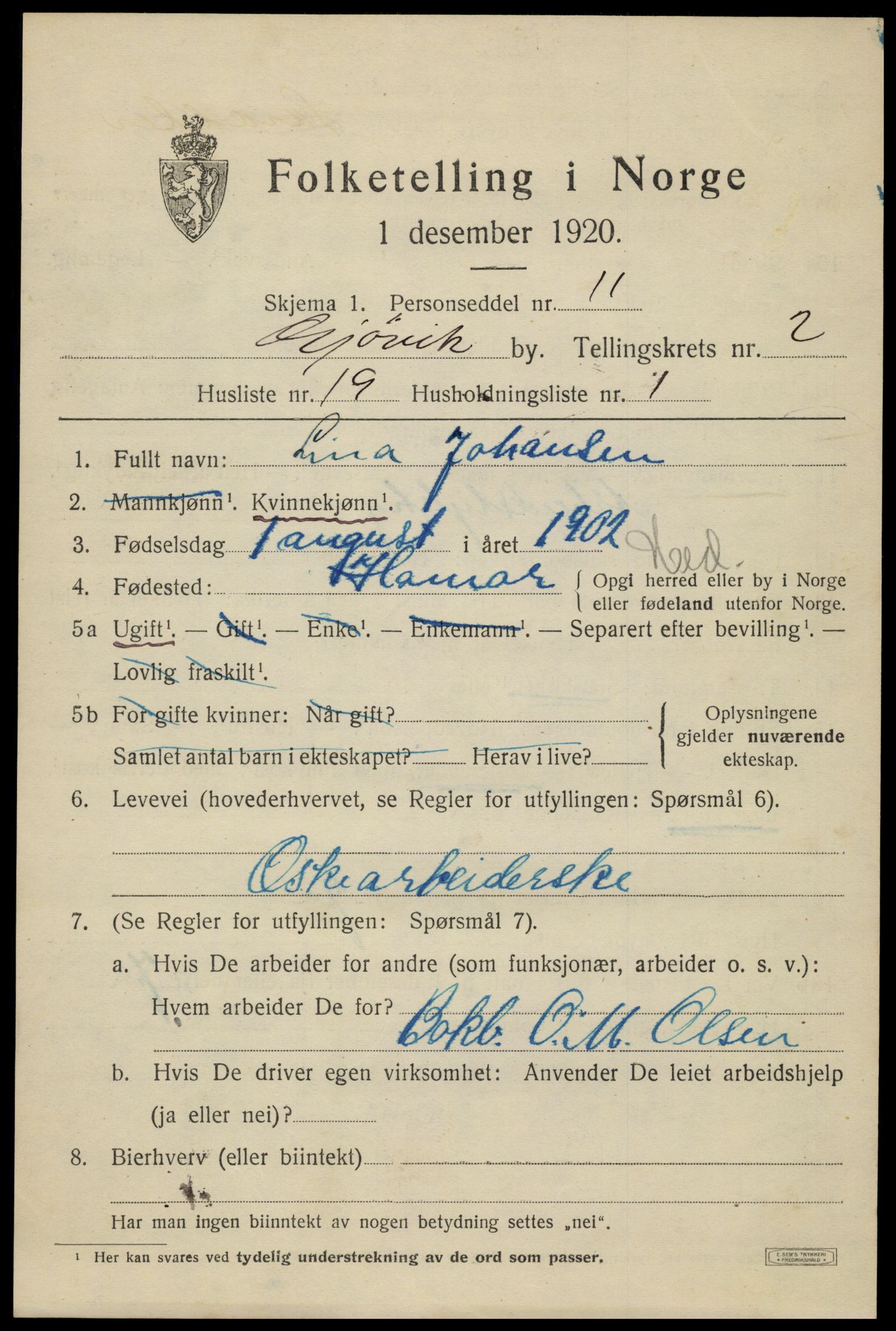 SAH, Folketelling 1920 for 0502 Gjøvik kjøpstad, 1920, s. 5018