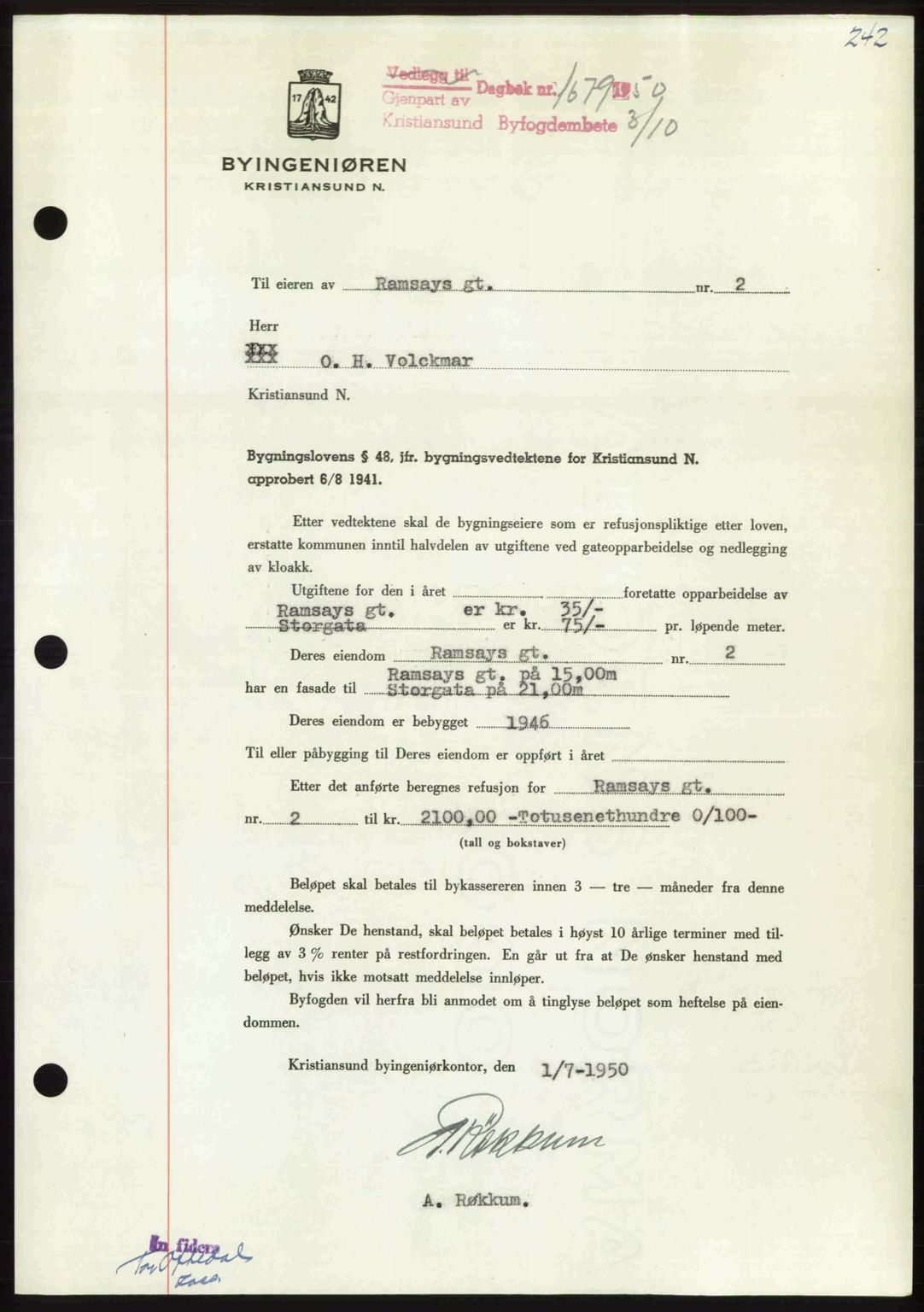 Kristiansund byfogd, AV/SAT-A-4587/A/27: Pantebok nr. 50, 1950-1950, Dagboknr: 1679/1950