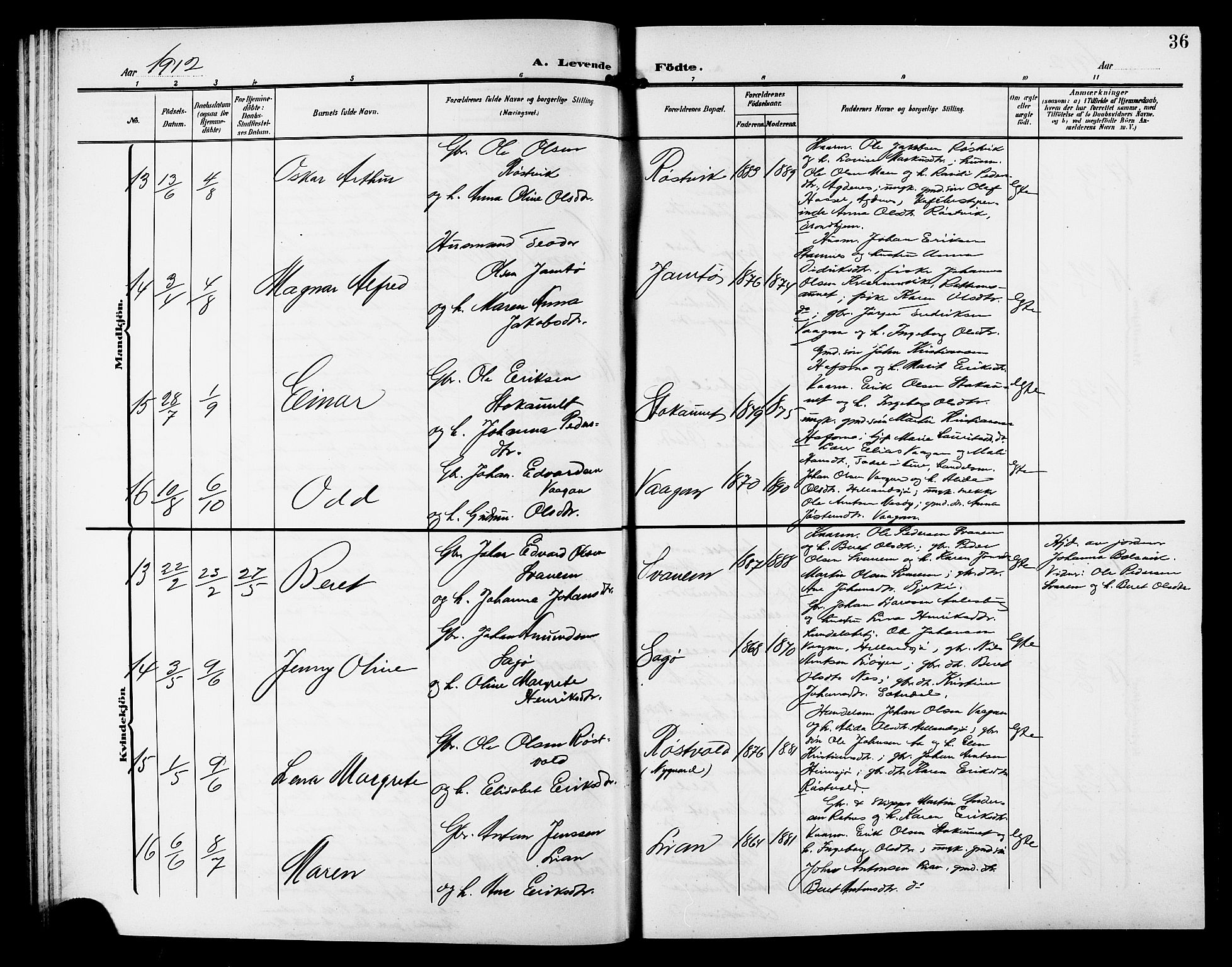 Ministerialprotokoller, klokkerbøker og fødselsregistre - Sør-Trøndelag, AV/SAT-A-1456/633/L0520: Klokkerbok nr. 633C02, 1906-1921, s. 36